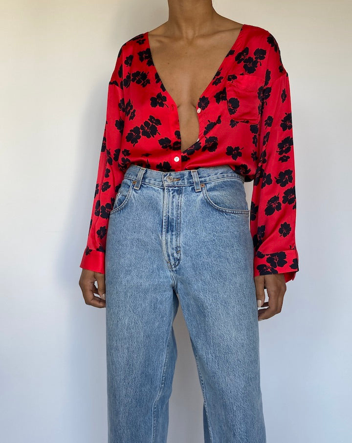 VINTAGE RED LONG SLEEVE BLOUSE WITH BLACK FLOWERS 3267