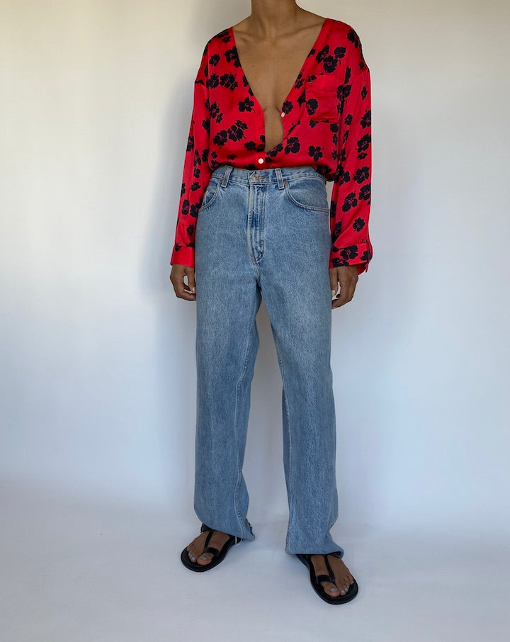 VINTAGE RED LONG SLEEVE BLOUSE WITH BLACK FLOWERS 3267