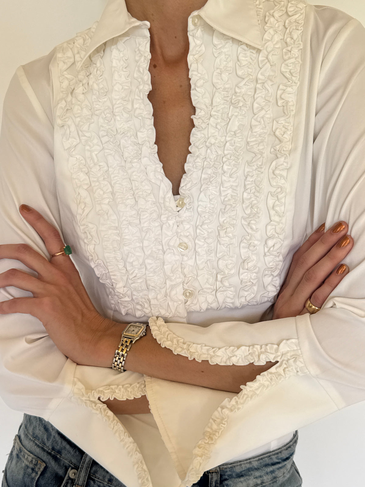 Vintage white blouse with cascading ruffle front detail