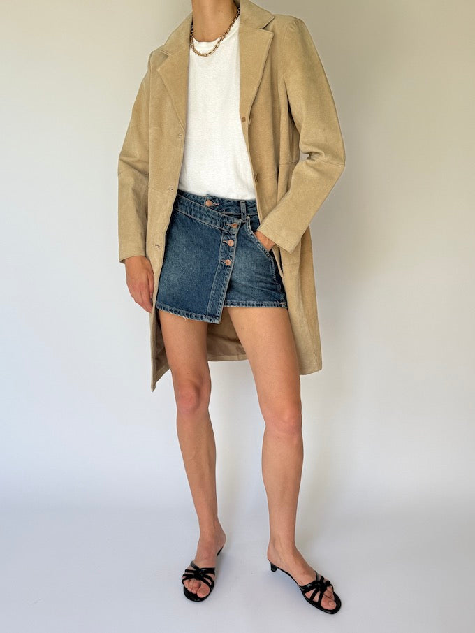 Vintage Long Suede Leather Jacket In Beige 5769