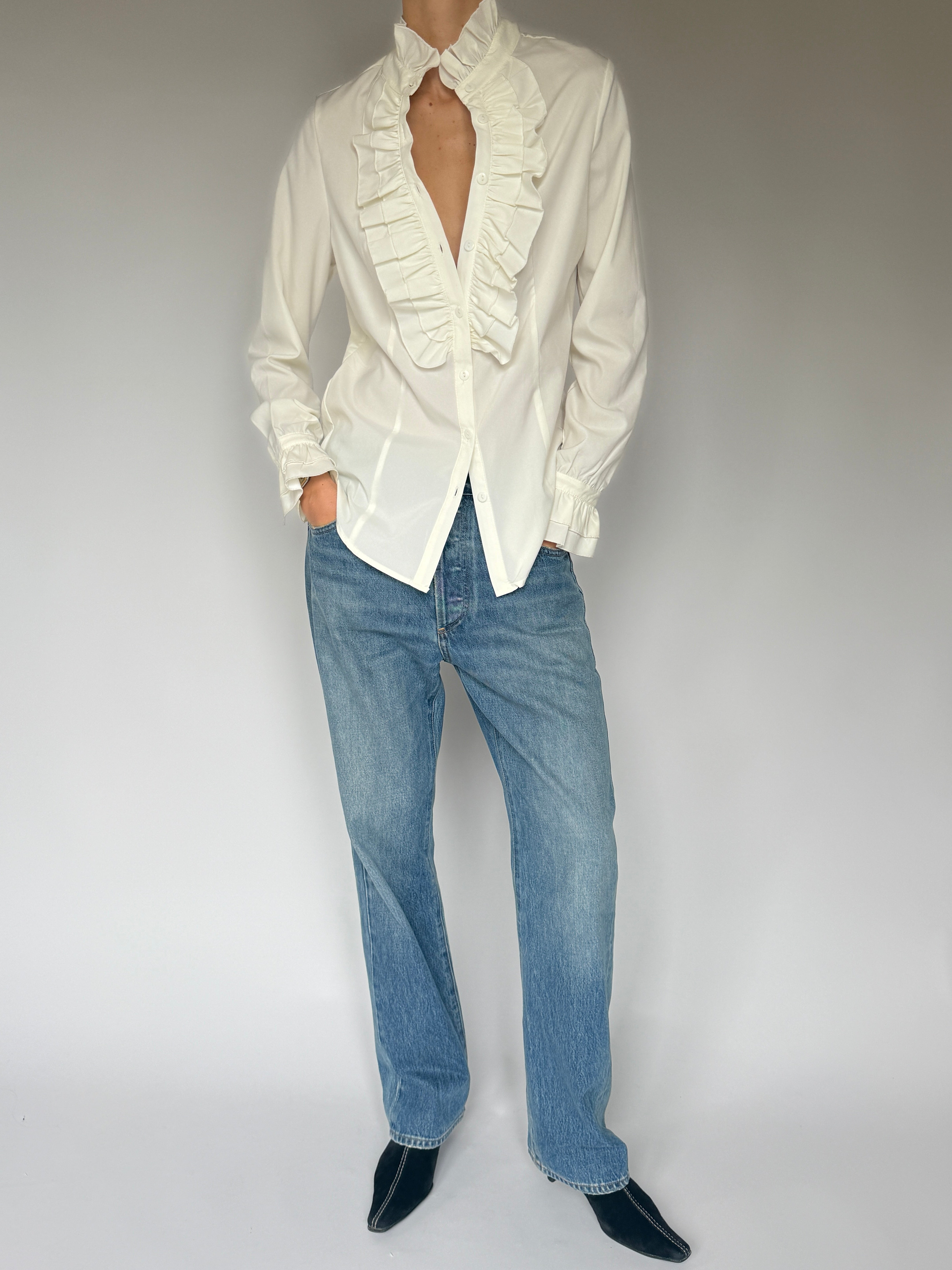 Vintage White Ruffle Front Blouse 7083