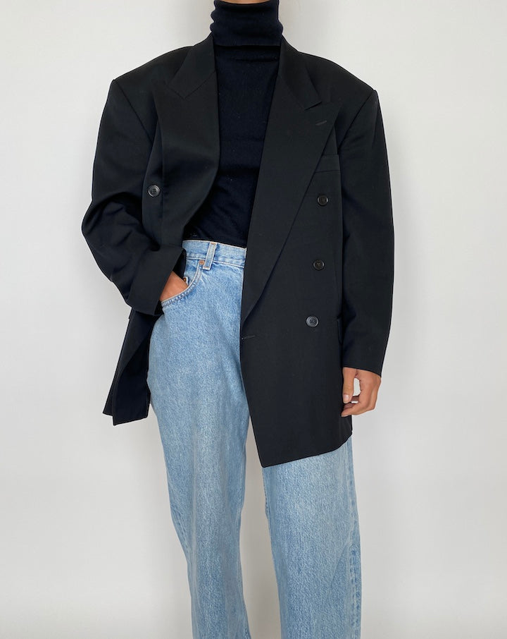 VINTAGE BLACK DOUBLE BREASTED WOOL BLAZER 2084