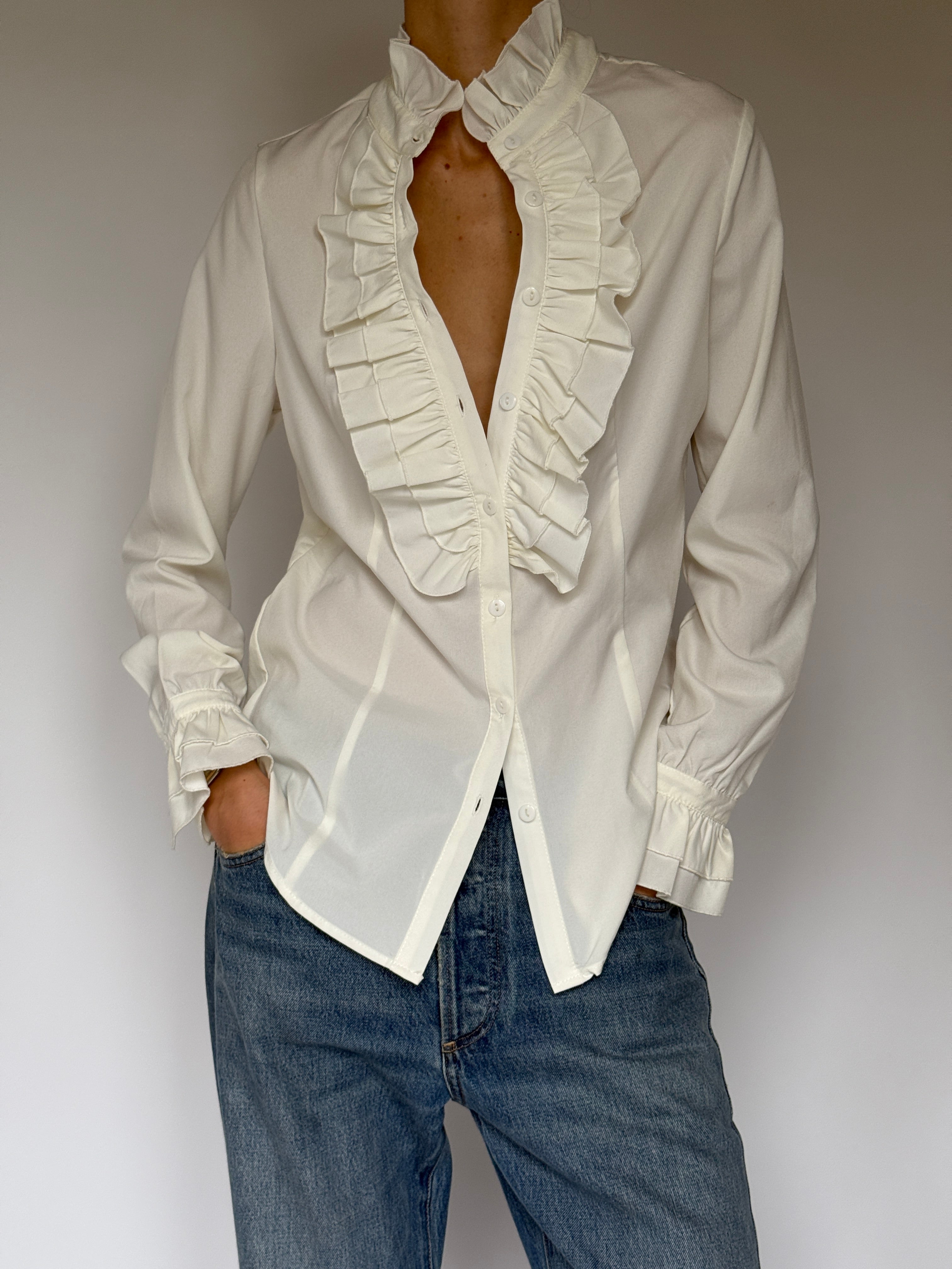 Vintage White Ruffle Front Blouse 7083