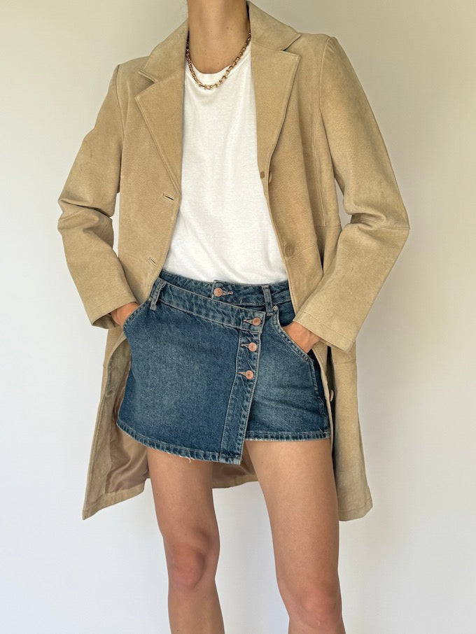 Vintage Long Suede Leather Jacket In Beige 5769