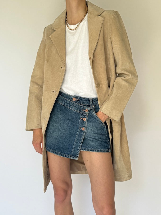 Vintage Long Suede Leather Jacket In Beige 5769
