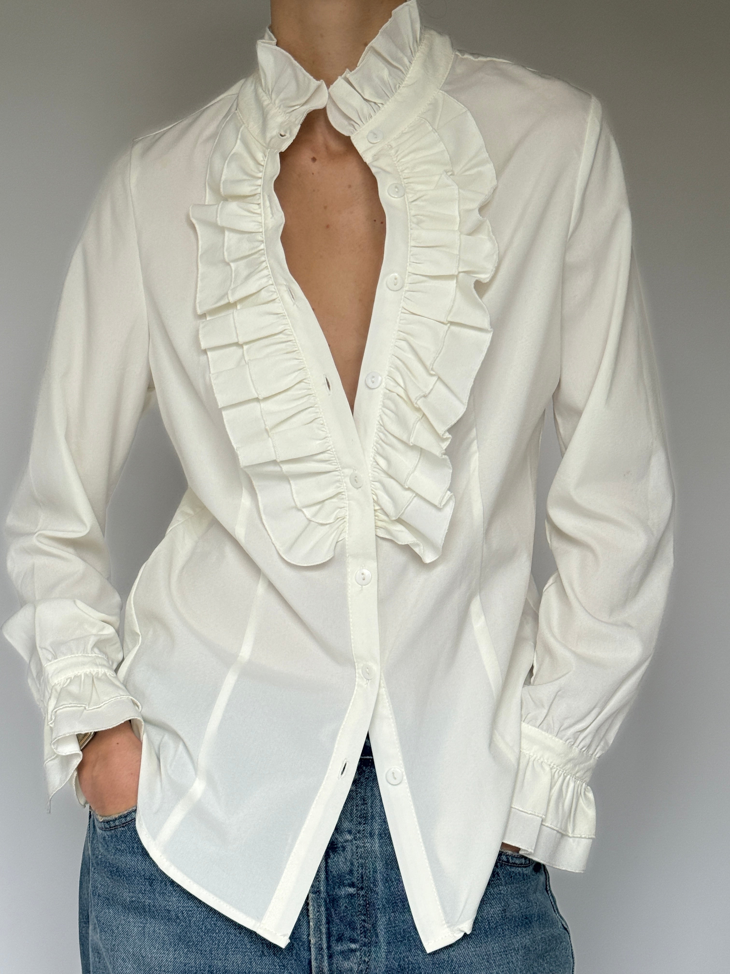 Vintage White Ruffle Front Blouse 7083