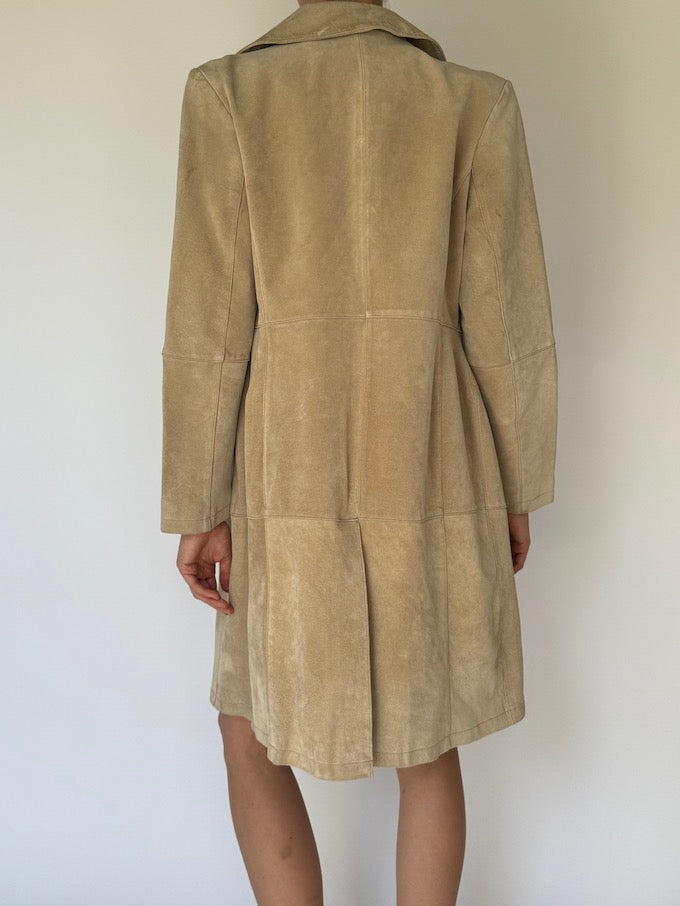 Vintage Long Suede Leather Jacket In Beige 5769