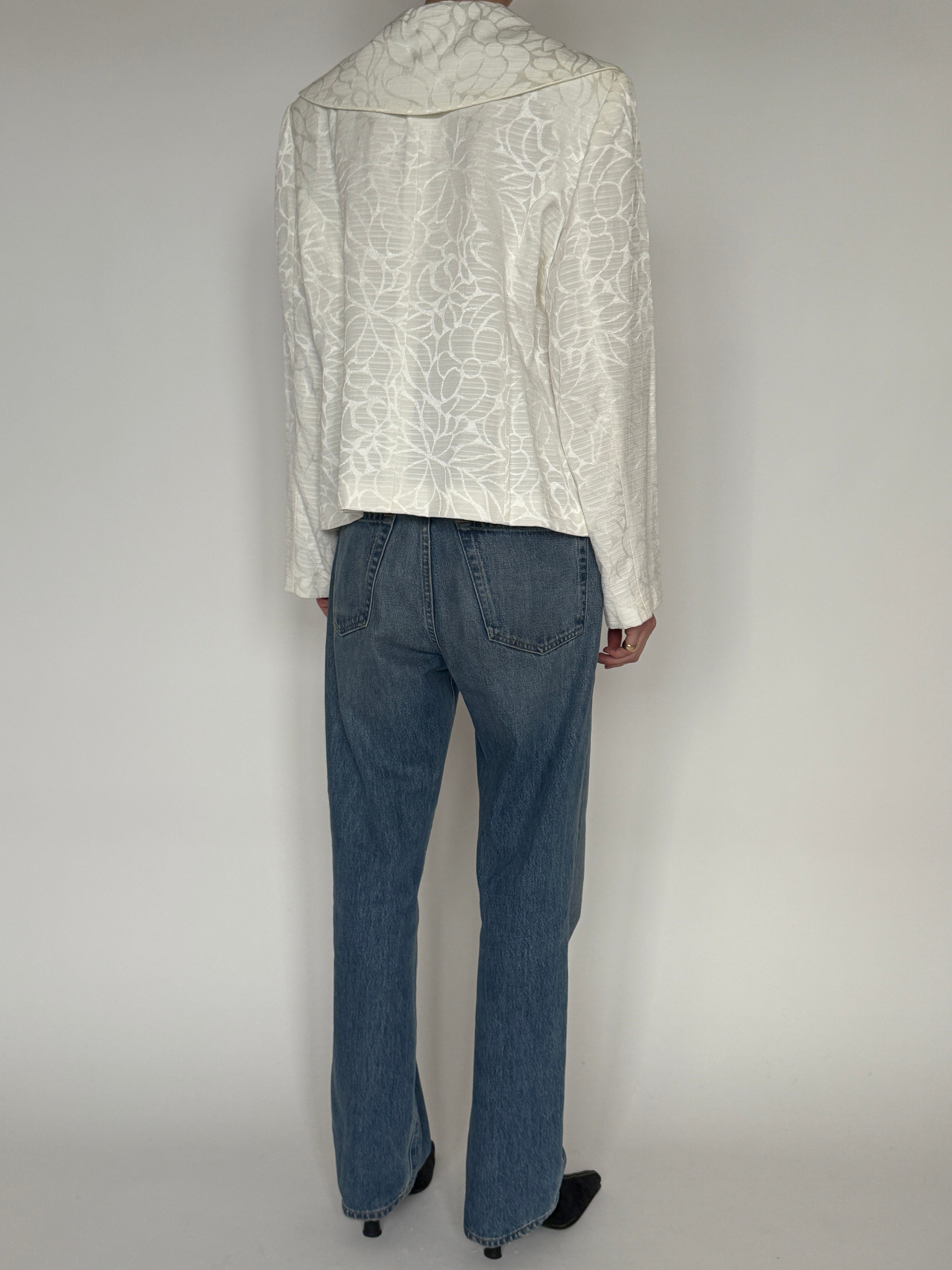 Vintage ivory floral jacquard cropped blazer back view