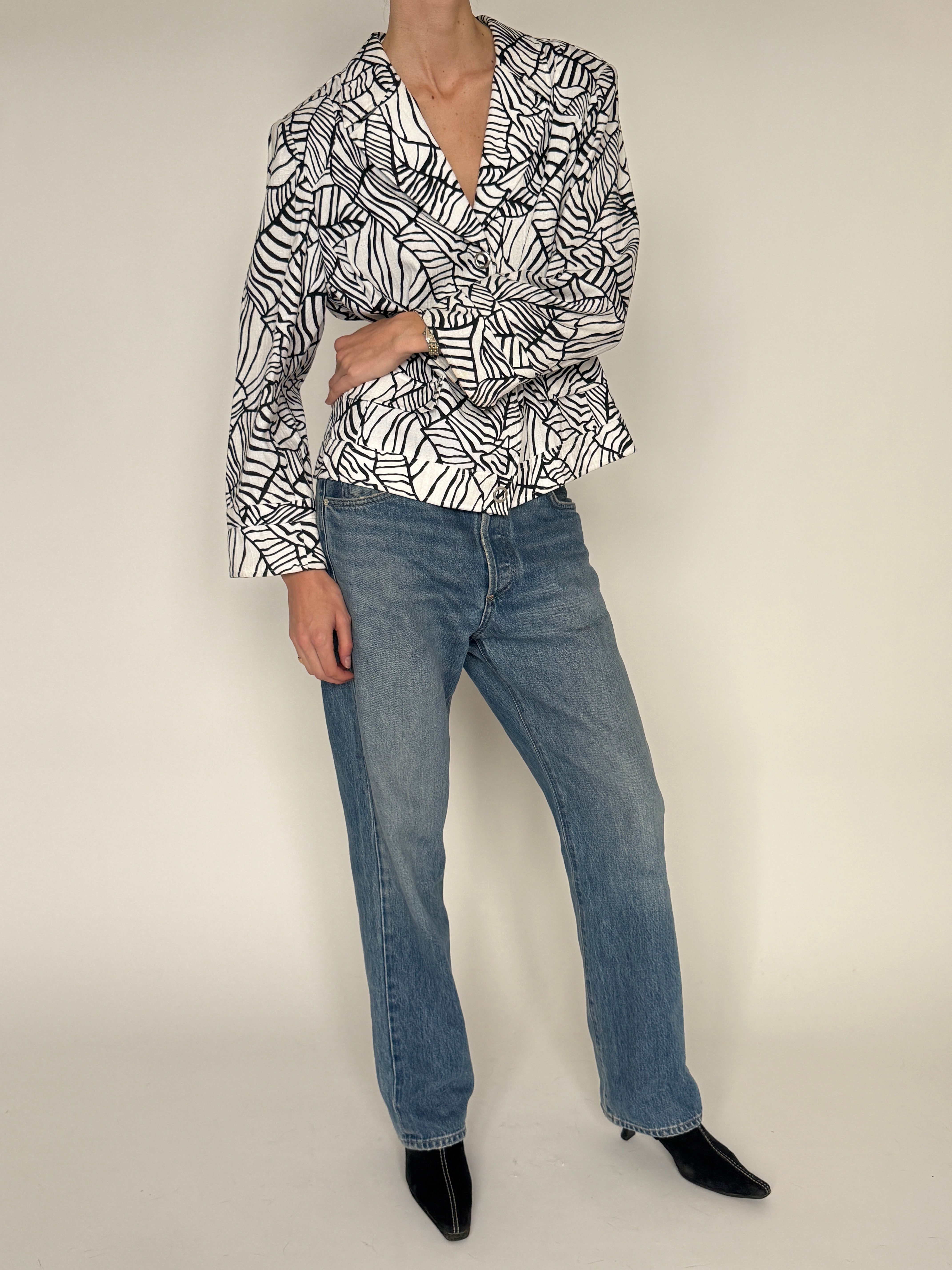 Vintage black and white abstract print blazer front view