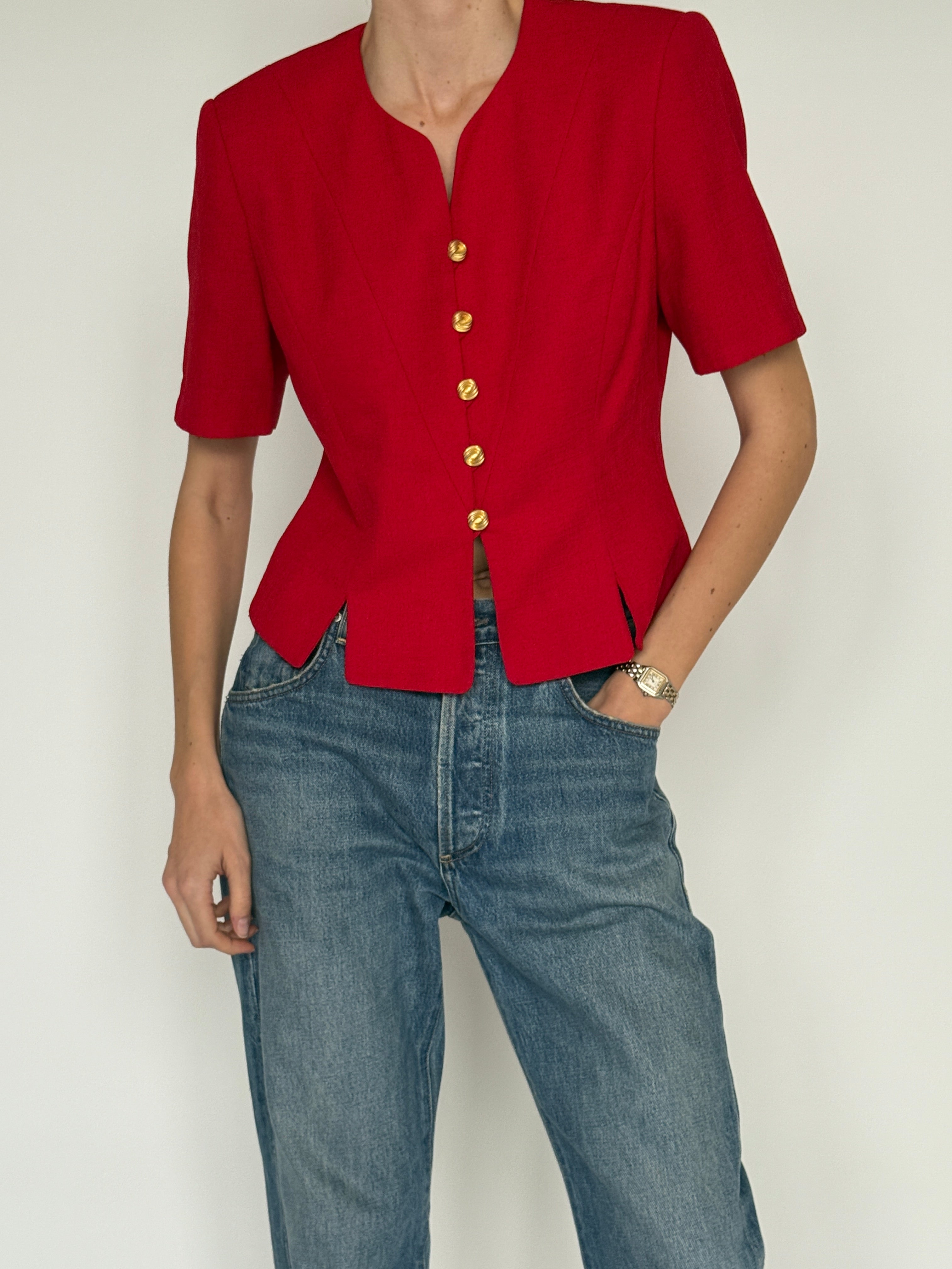 Vintage red structured short sleeve blazer front view