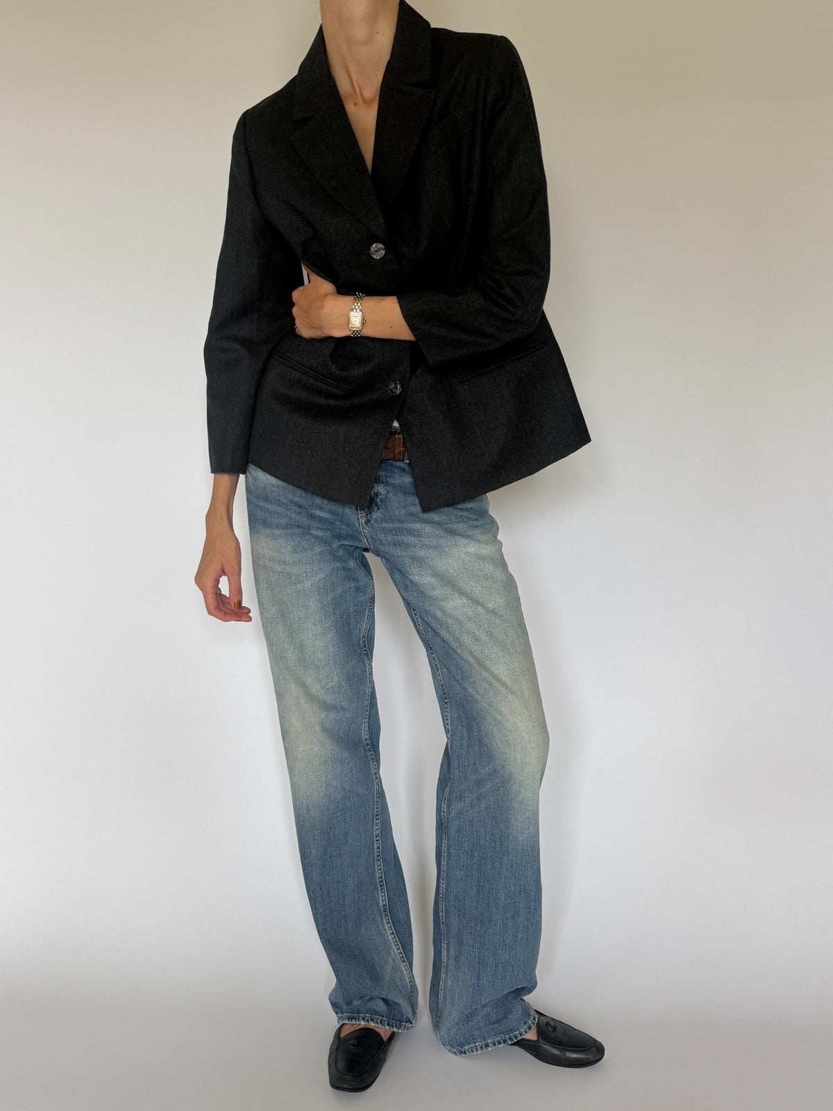 Vintage charcoal grey wool blazer styled front angle