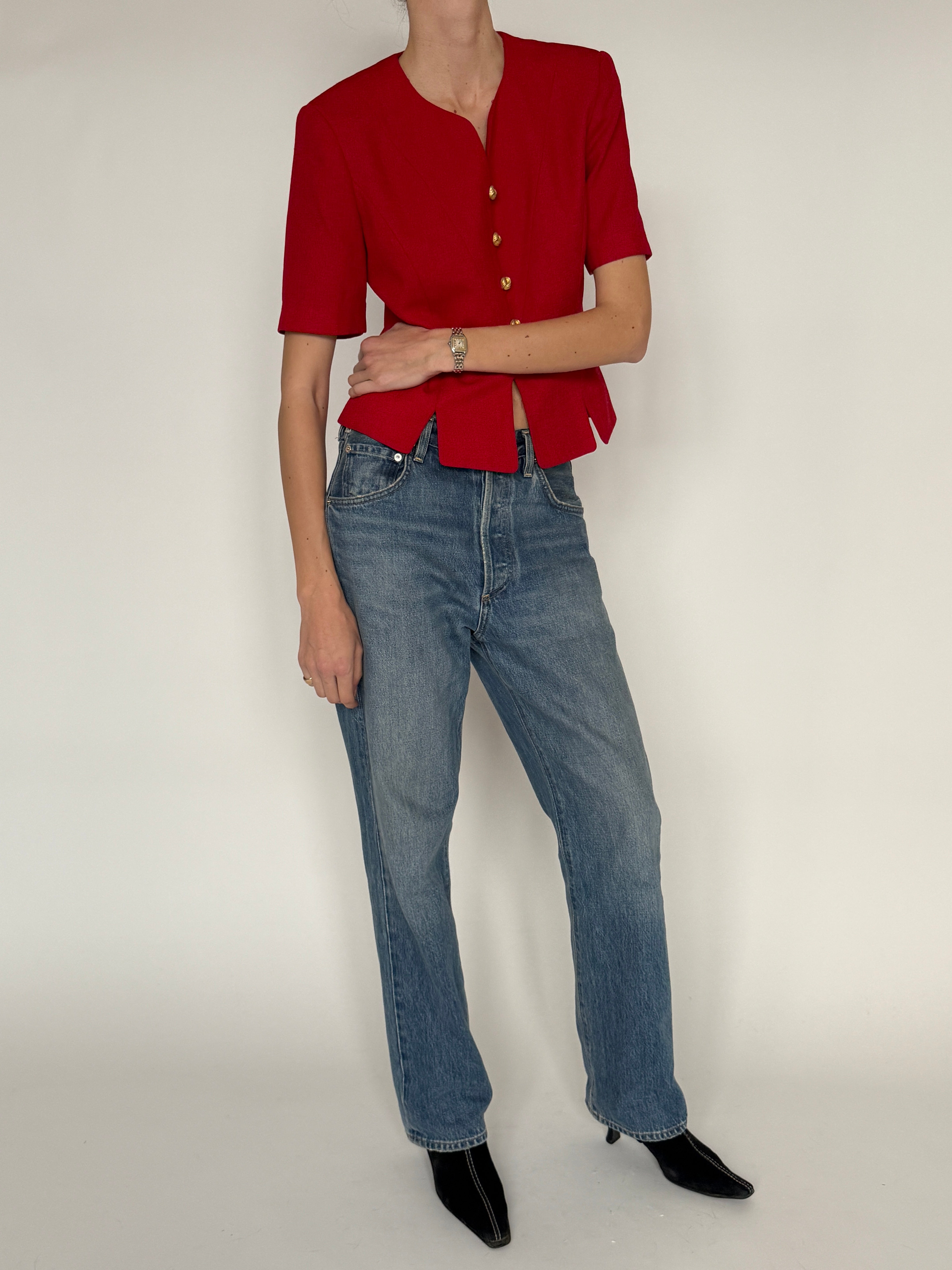 Vintage red structured short sleeve blazer side view