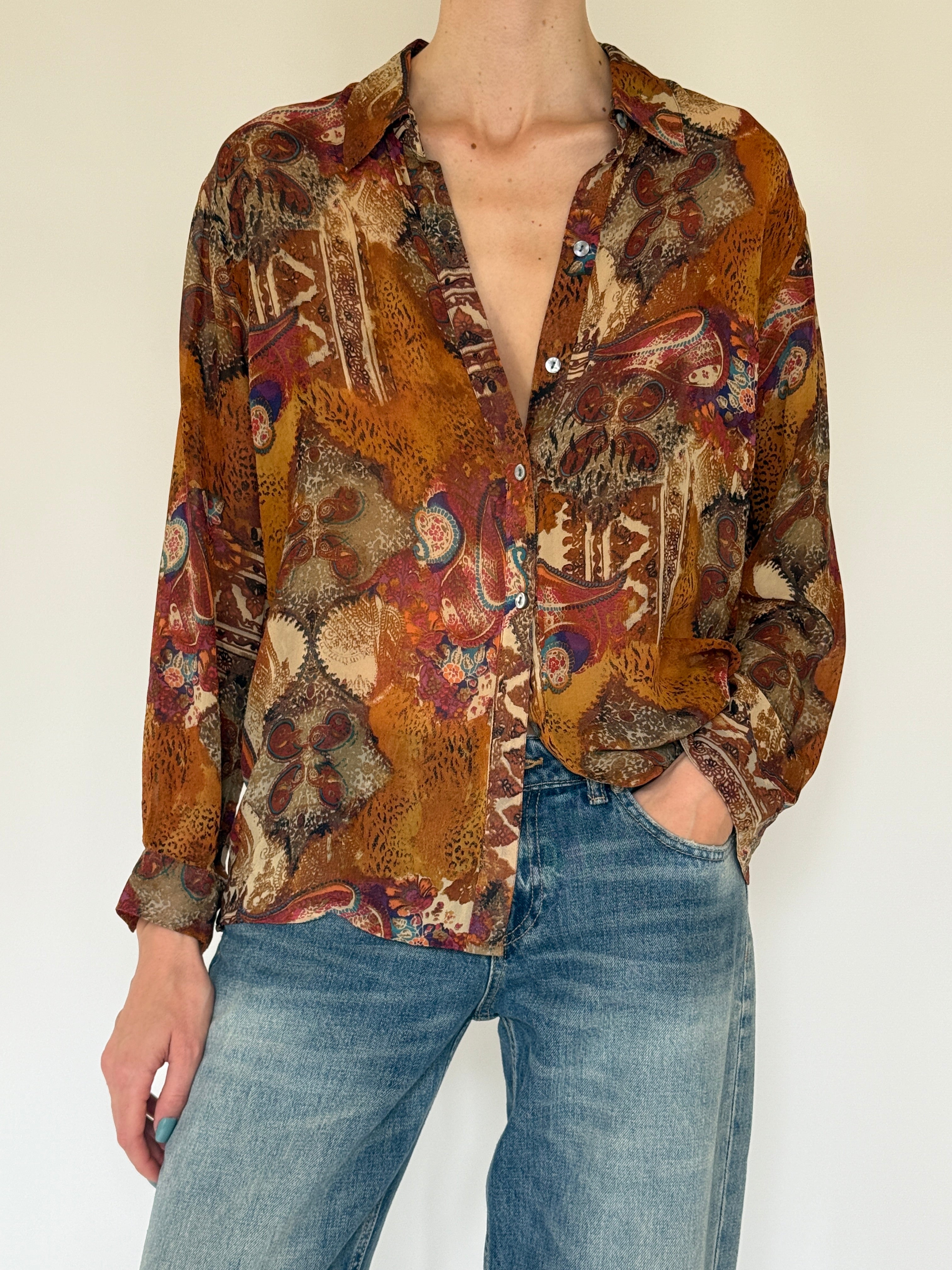 Vintage silk paisley blouse front view
