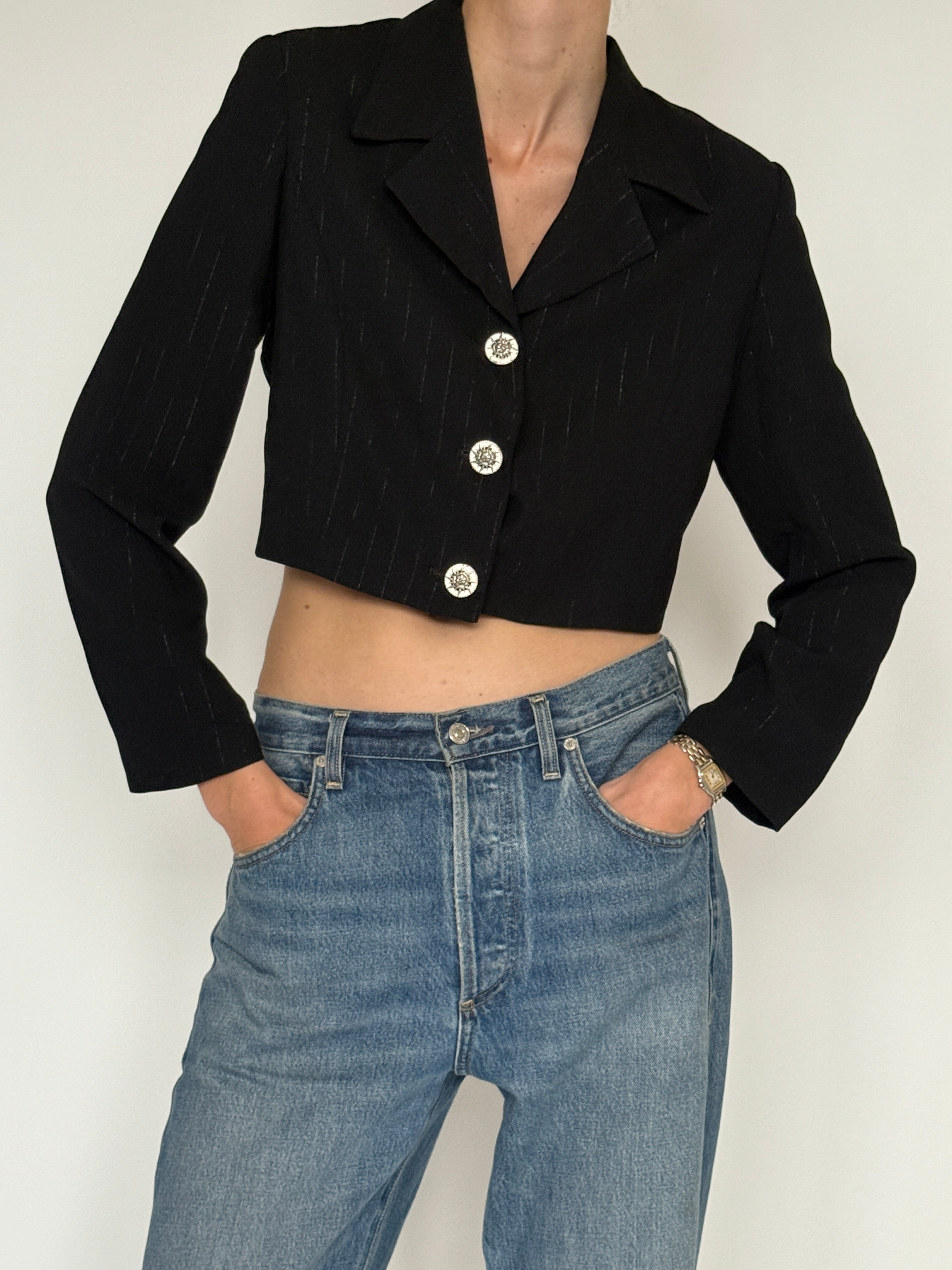 Vintage black cropped pinstripe blazer front view