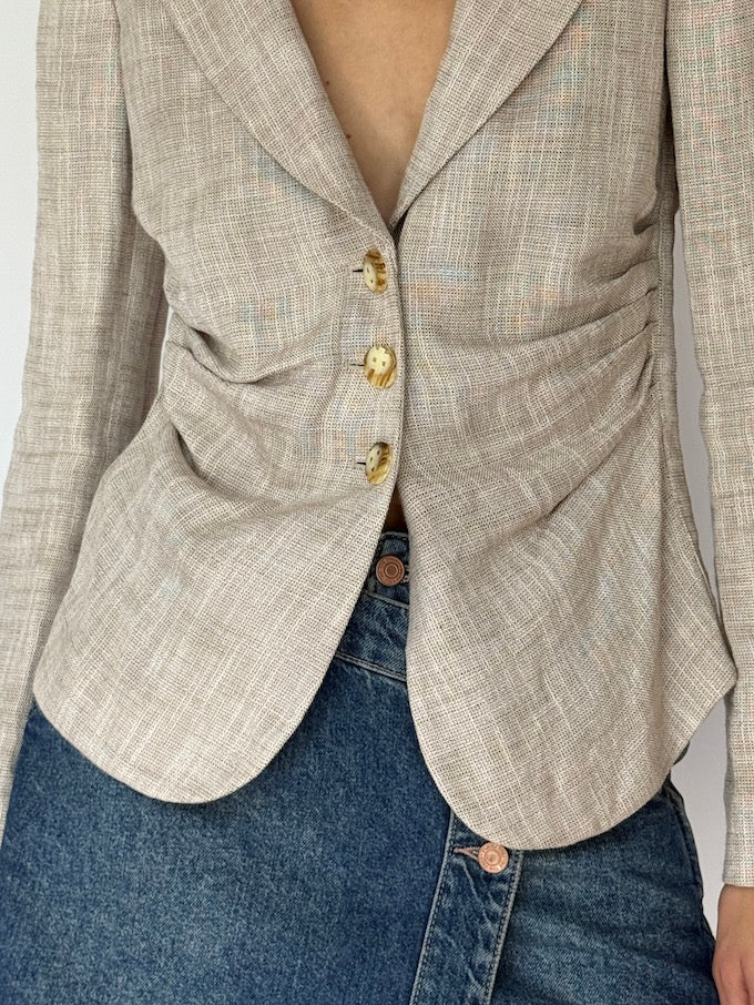 Vintage tailored linen-blend blazer neutral beige tone 6043