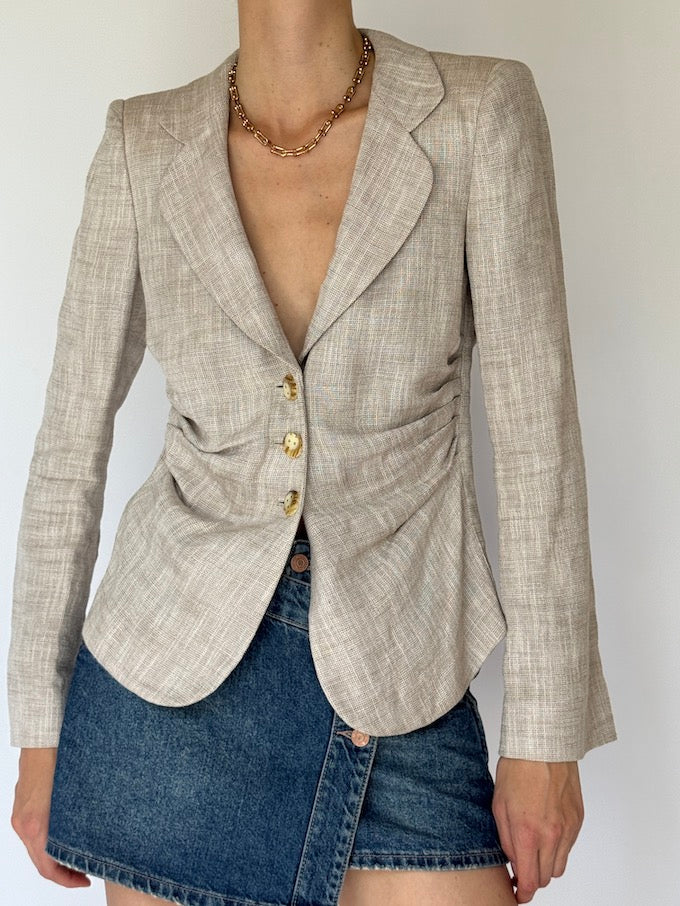 Vintage tailored linen-blend blazer neutral beige tone 6043