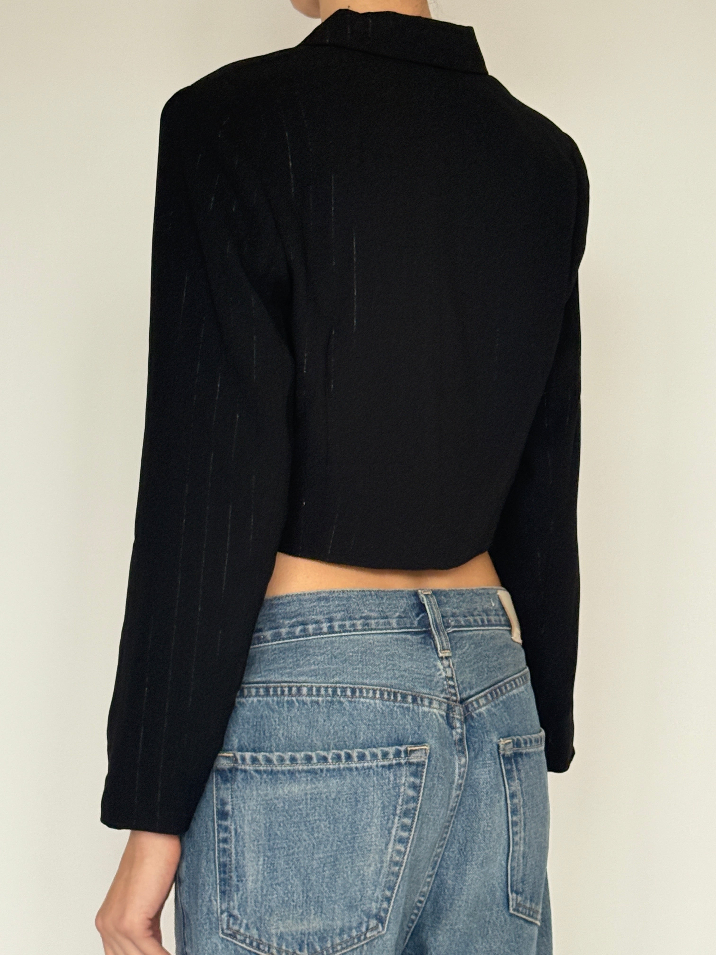 Vintage black cropped pinstripe blazer back view