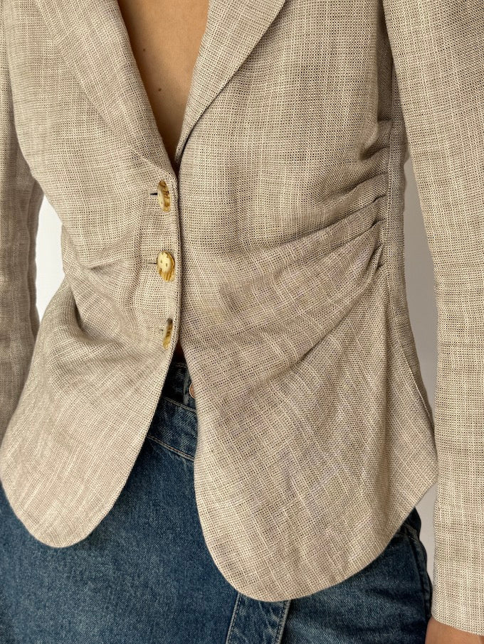 Vintage tailored linen-blend blazer neutral beige tone 6043