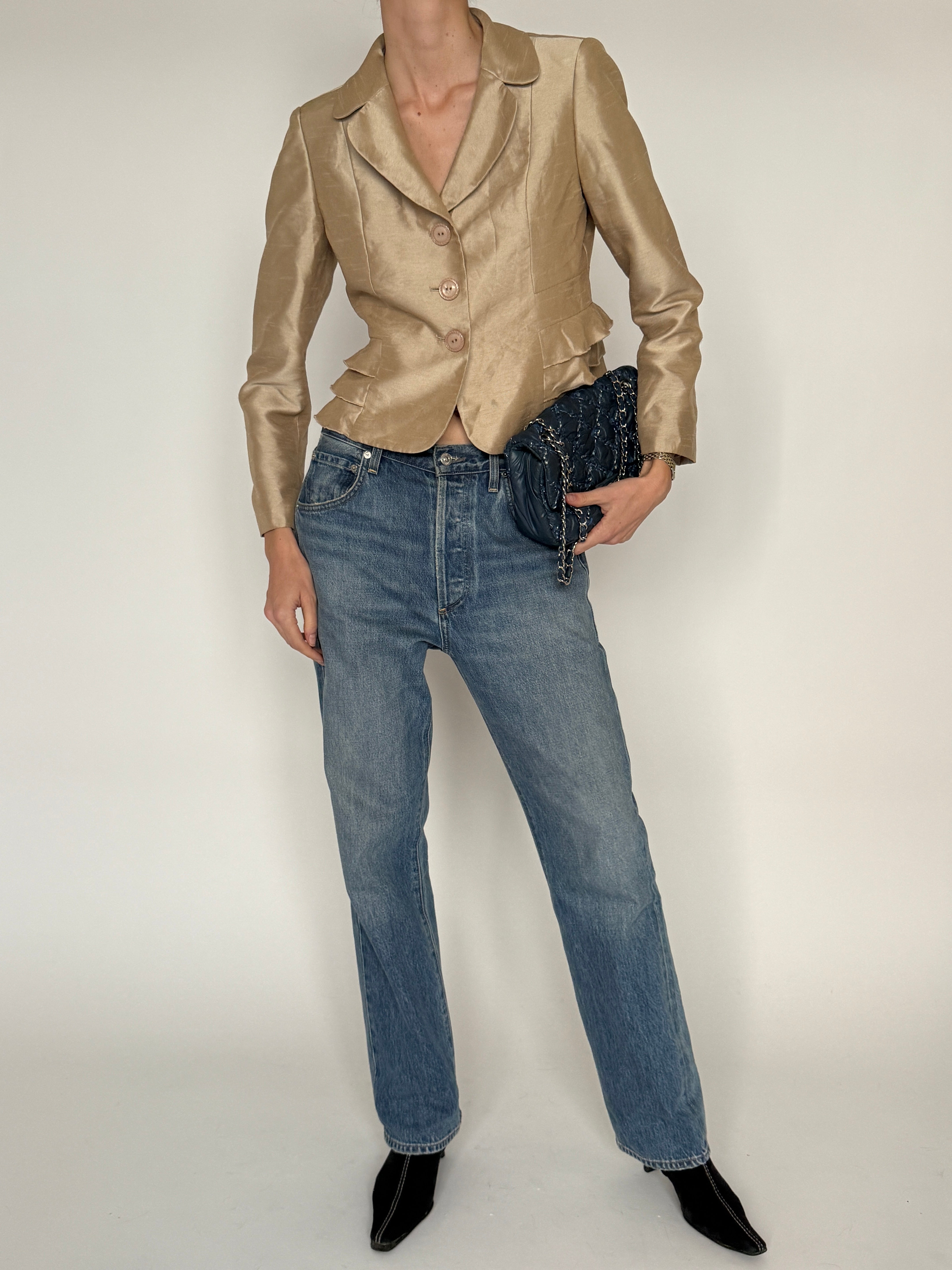 Vintage champagne cropped shimmer blazer front view fitted silhouette