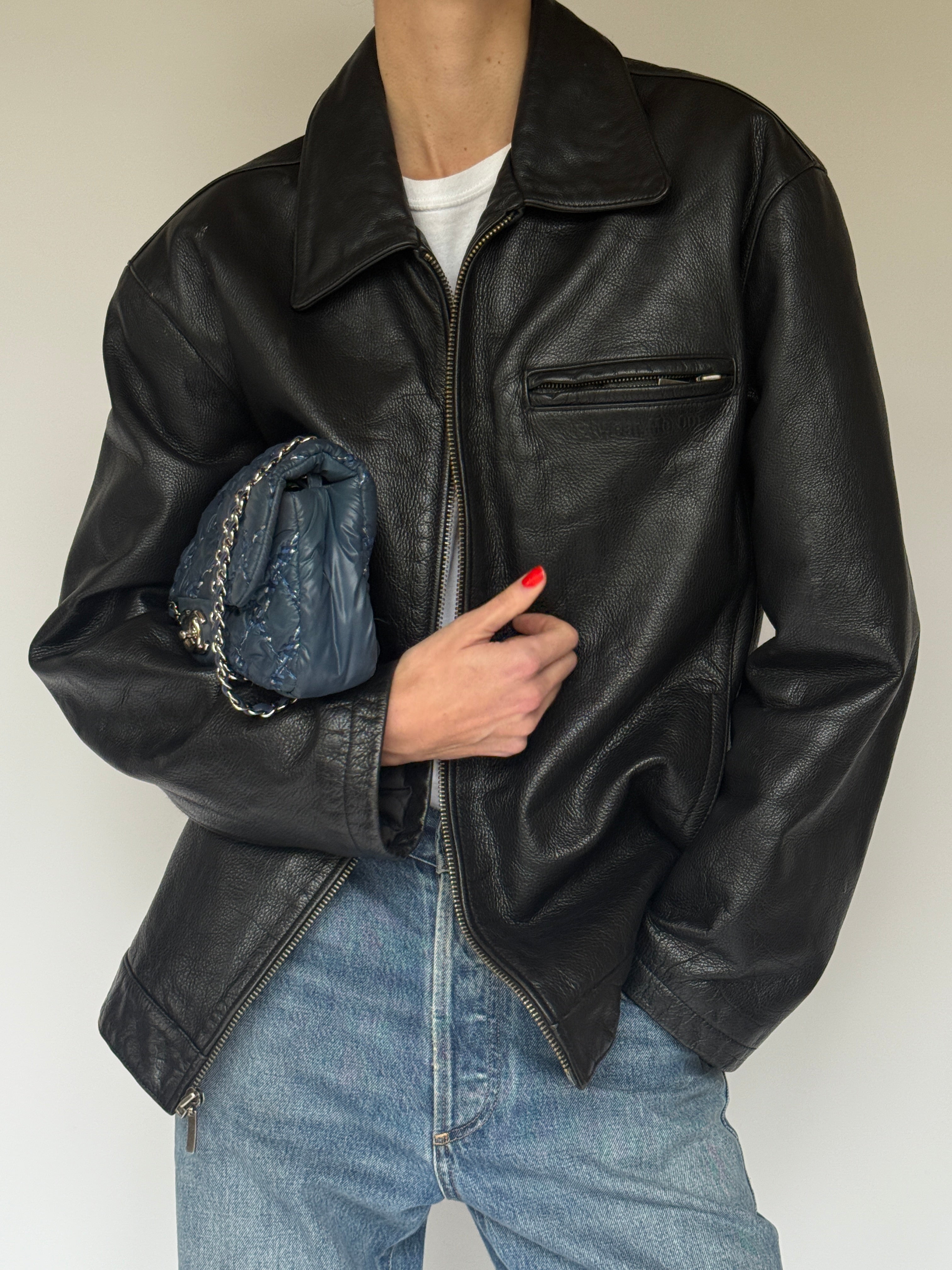 Vintage Black Leather Zip Jacket 7088
