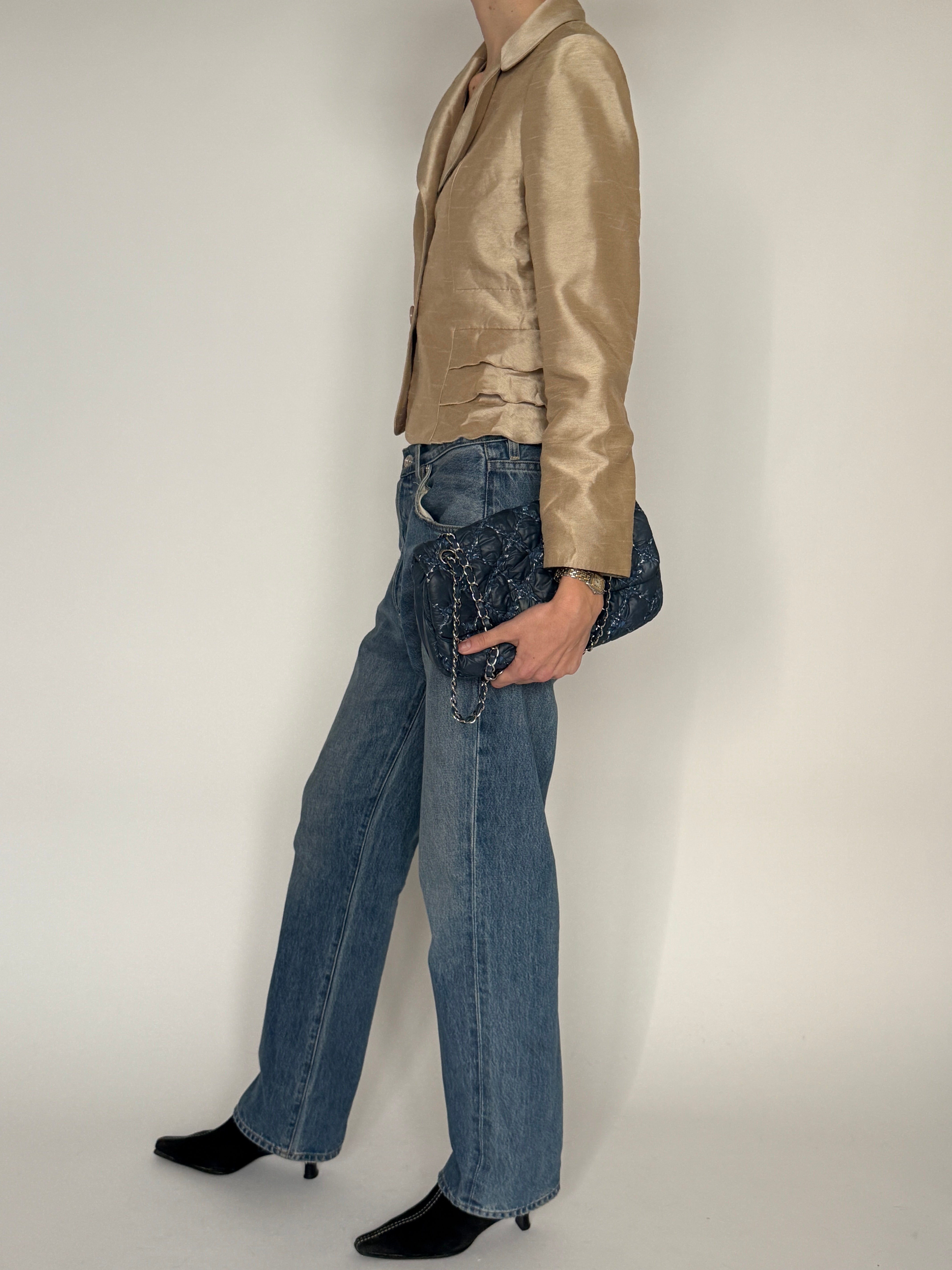 Vintage champagne cropped shimmer blazer side view layered ruffle panels