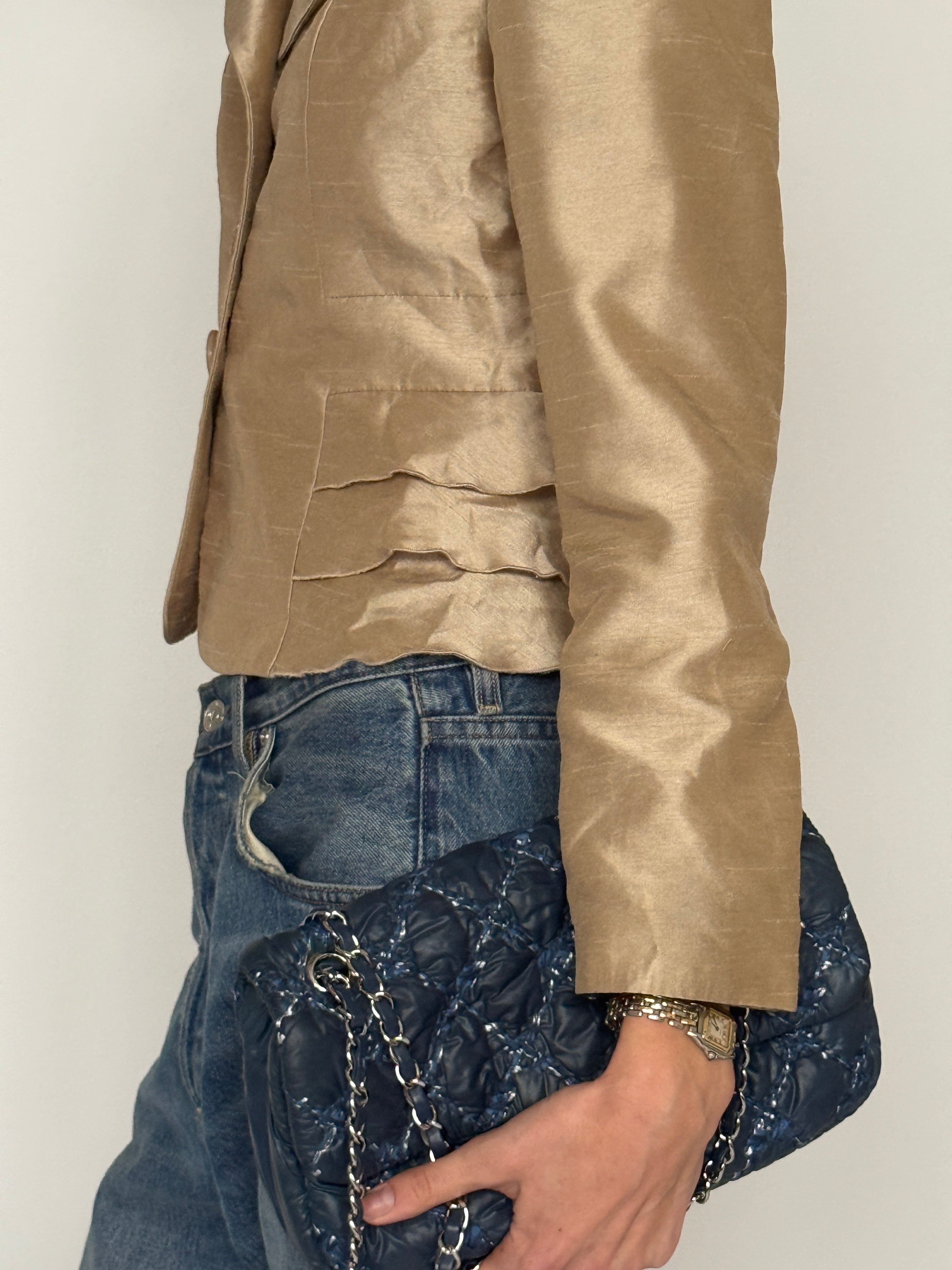 Vintage champagne cropped shimmer blazer side view layered ruffle panels