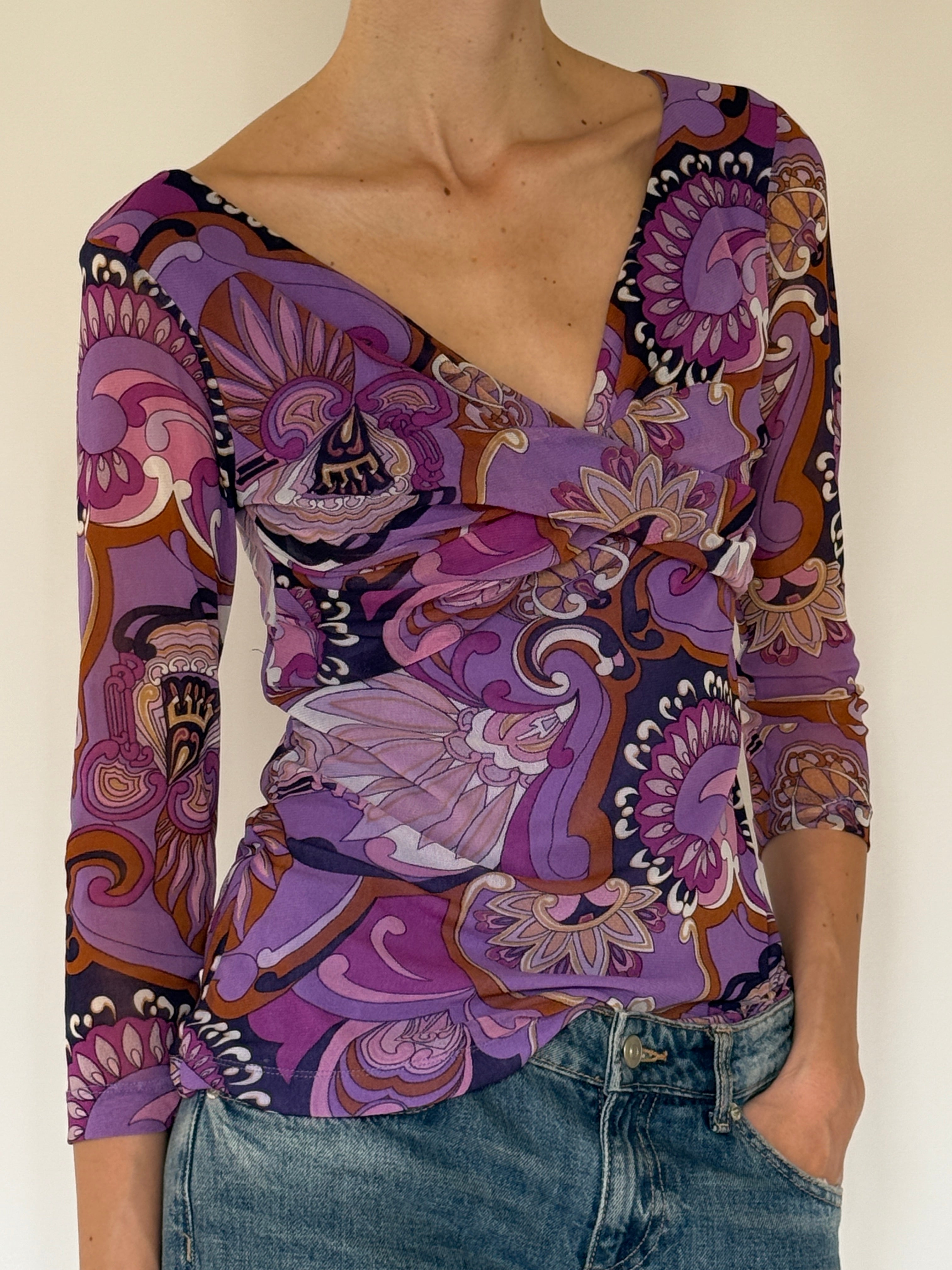 Vintage purple abstract print ruched top front view