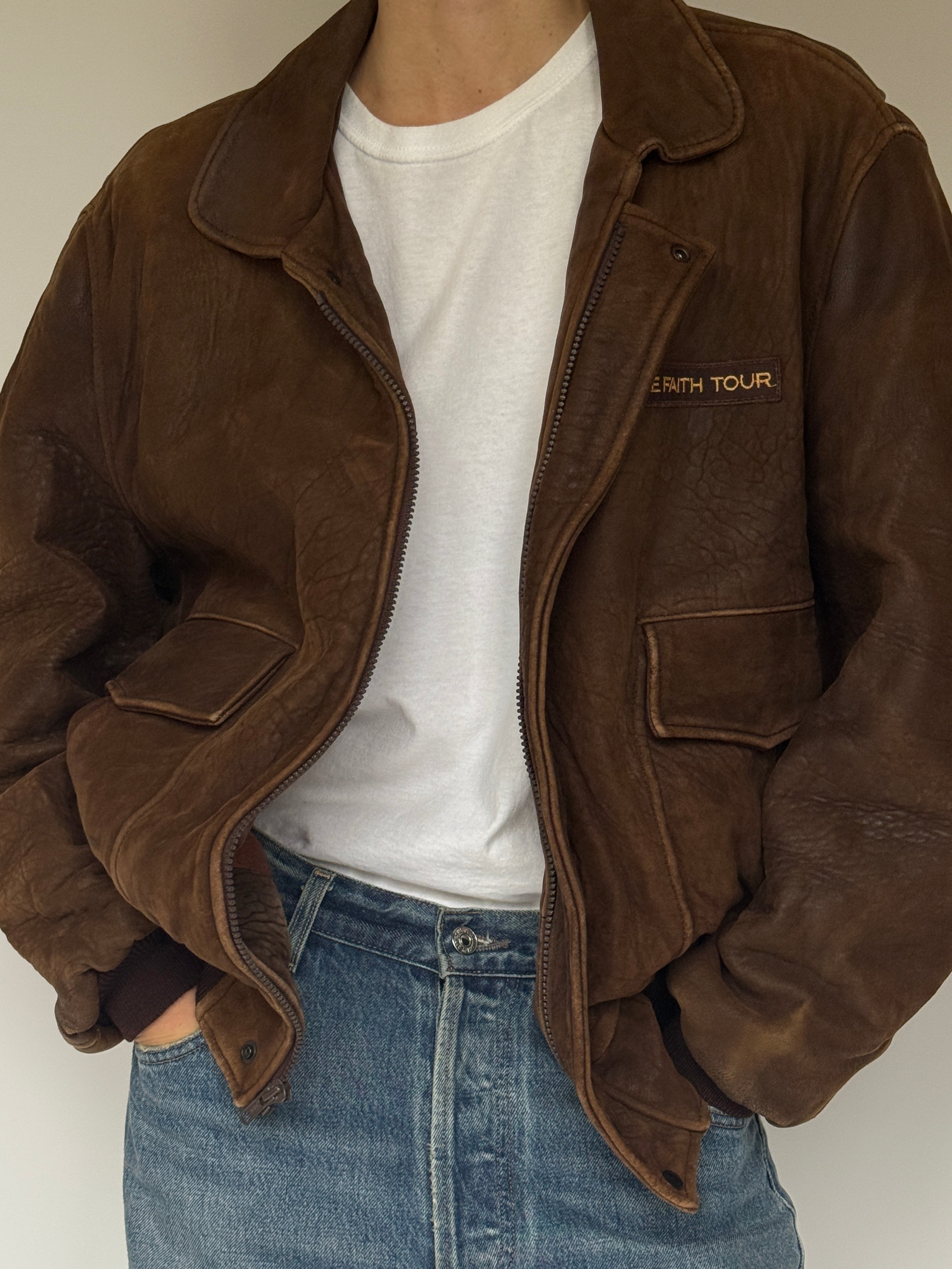 Vintage Bomber-Like Leather Jacket In Brown 5707