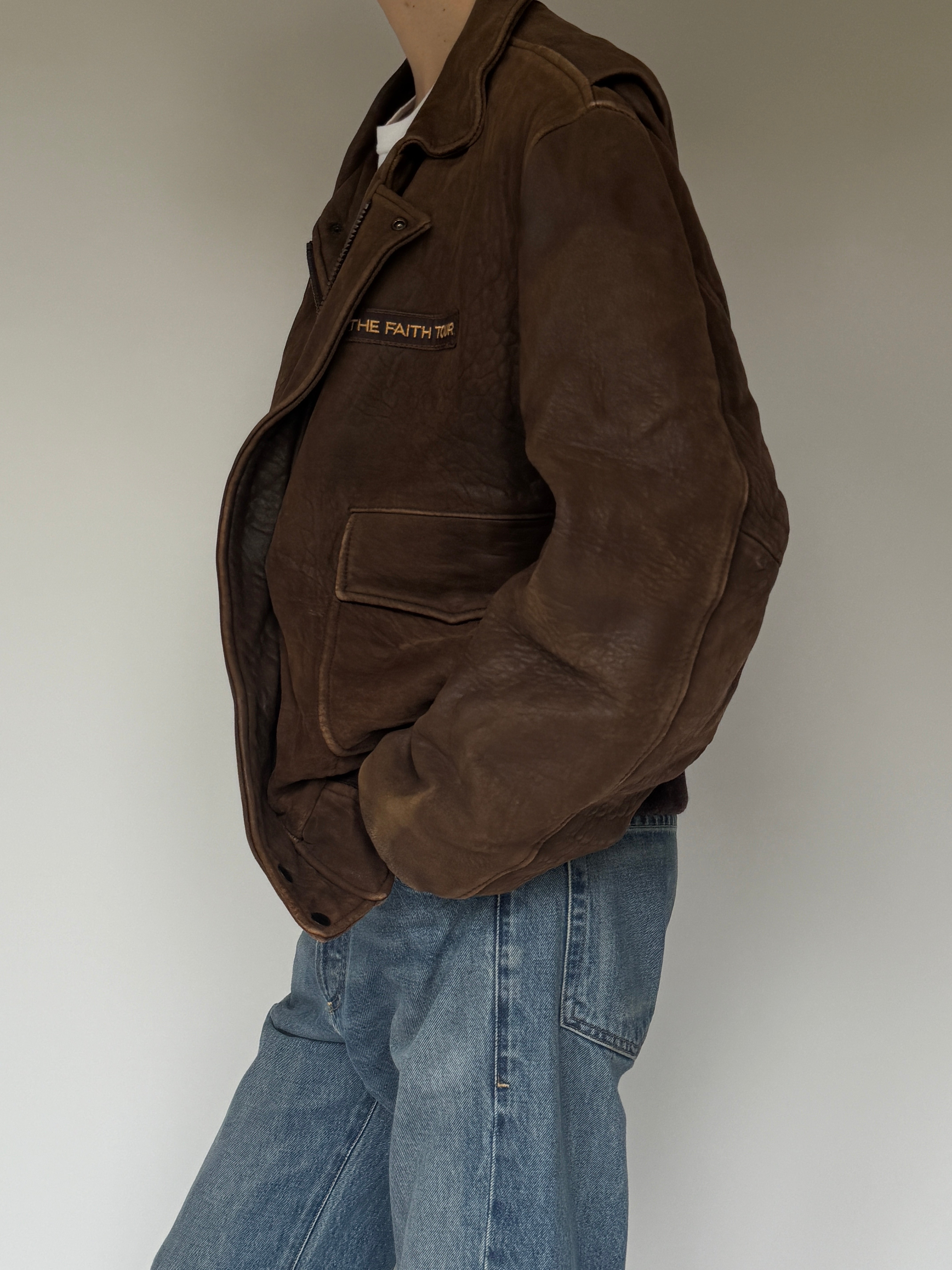 Vintage Bomber-Like Leather Jacket In Brown 5707