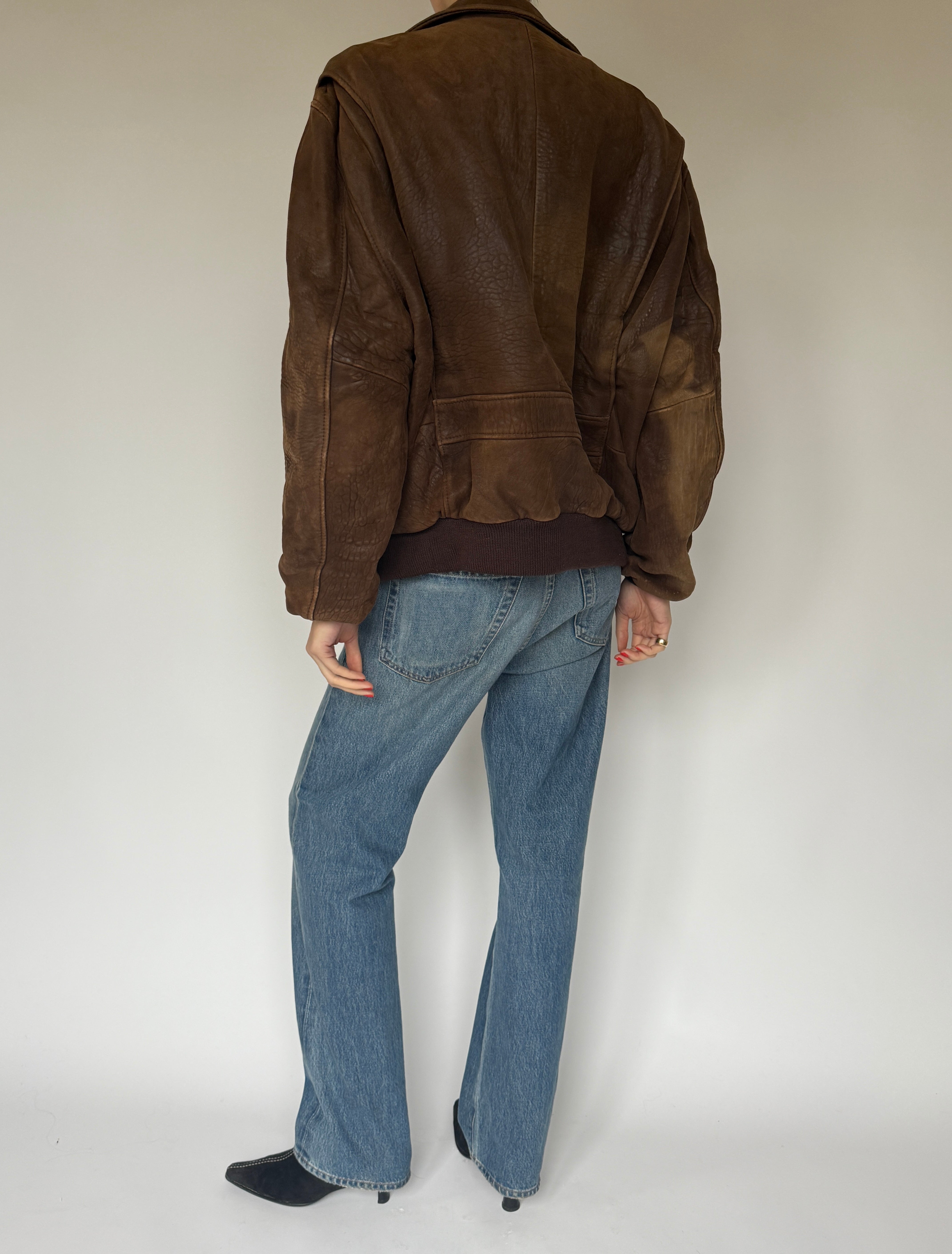 Vintage Bomber-Like Leather Jacket In Brown 5707
