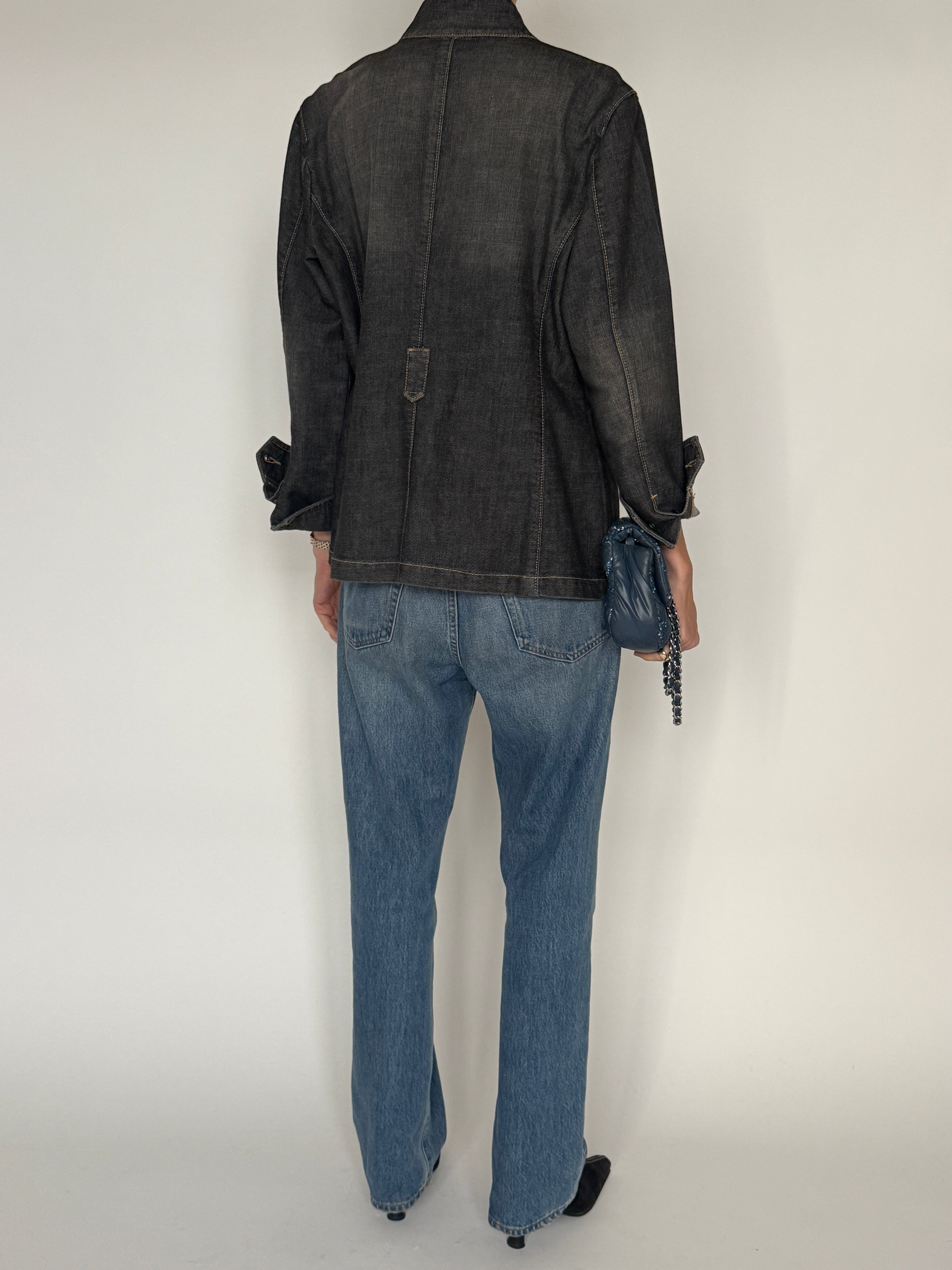 Vintage charcoal denim-style blazer back view