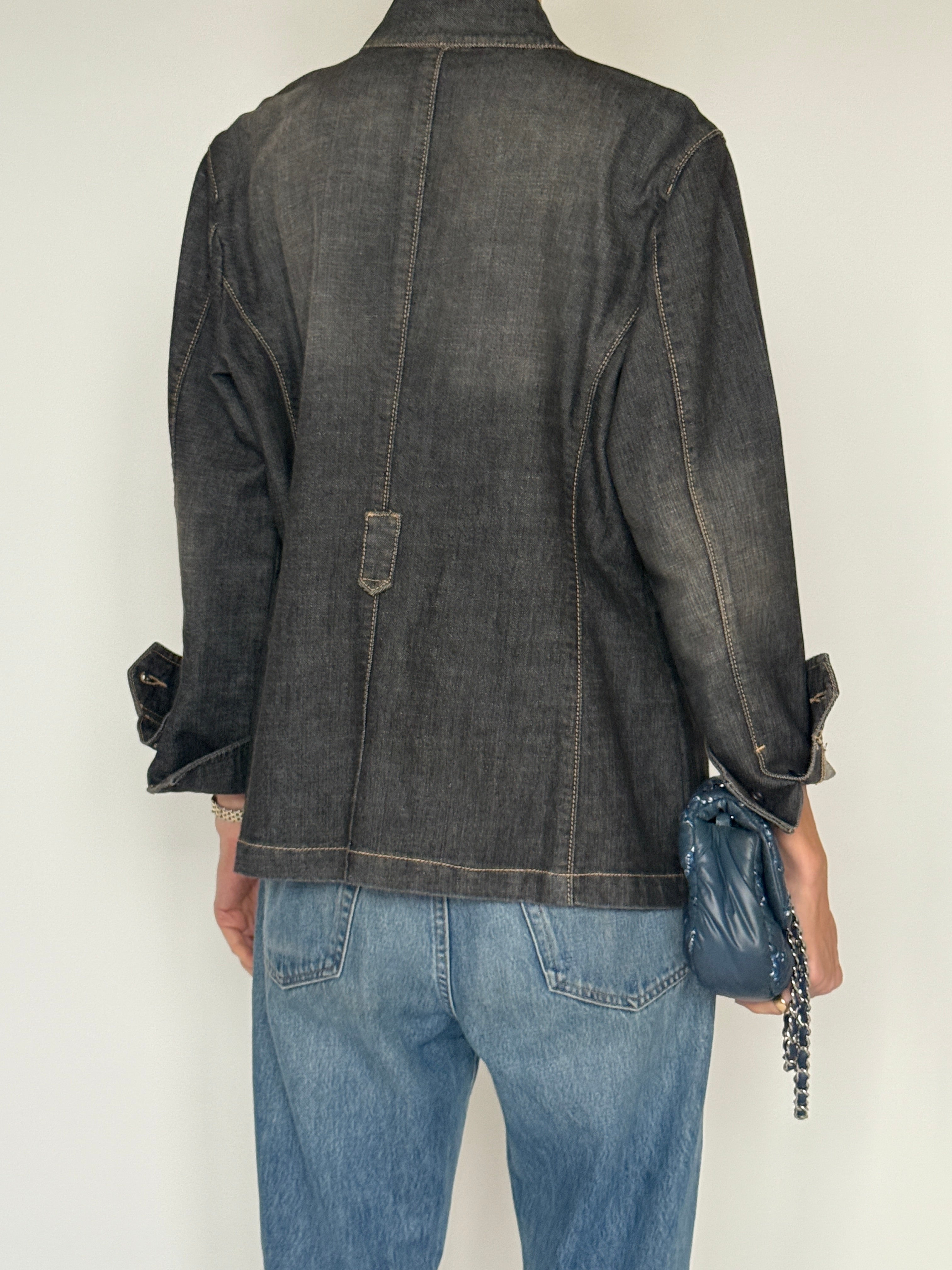Vintage charcoal denim-style blazer back view