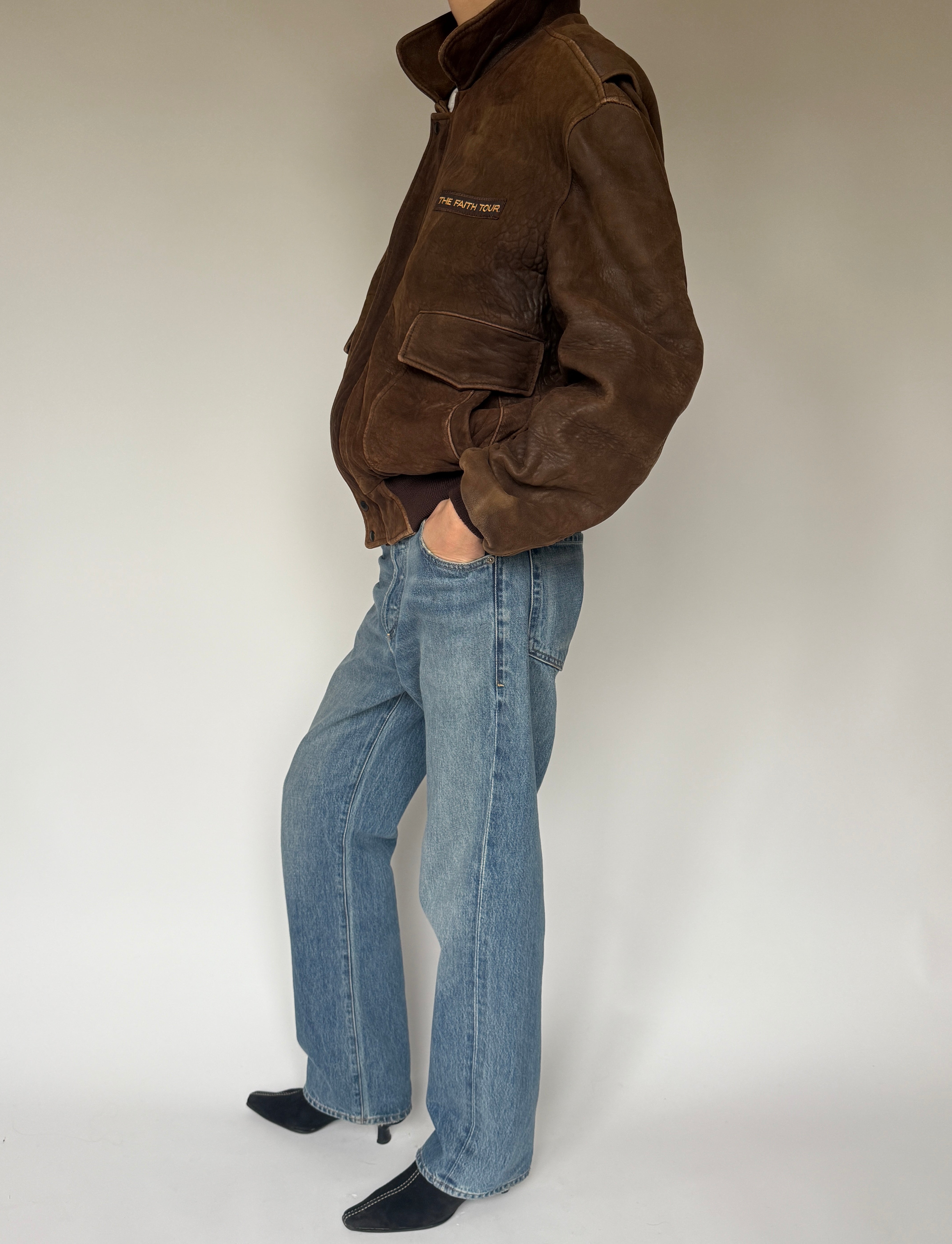 Vintage Bomber-Like Leather Jacket In Brown 5707