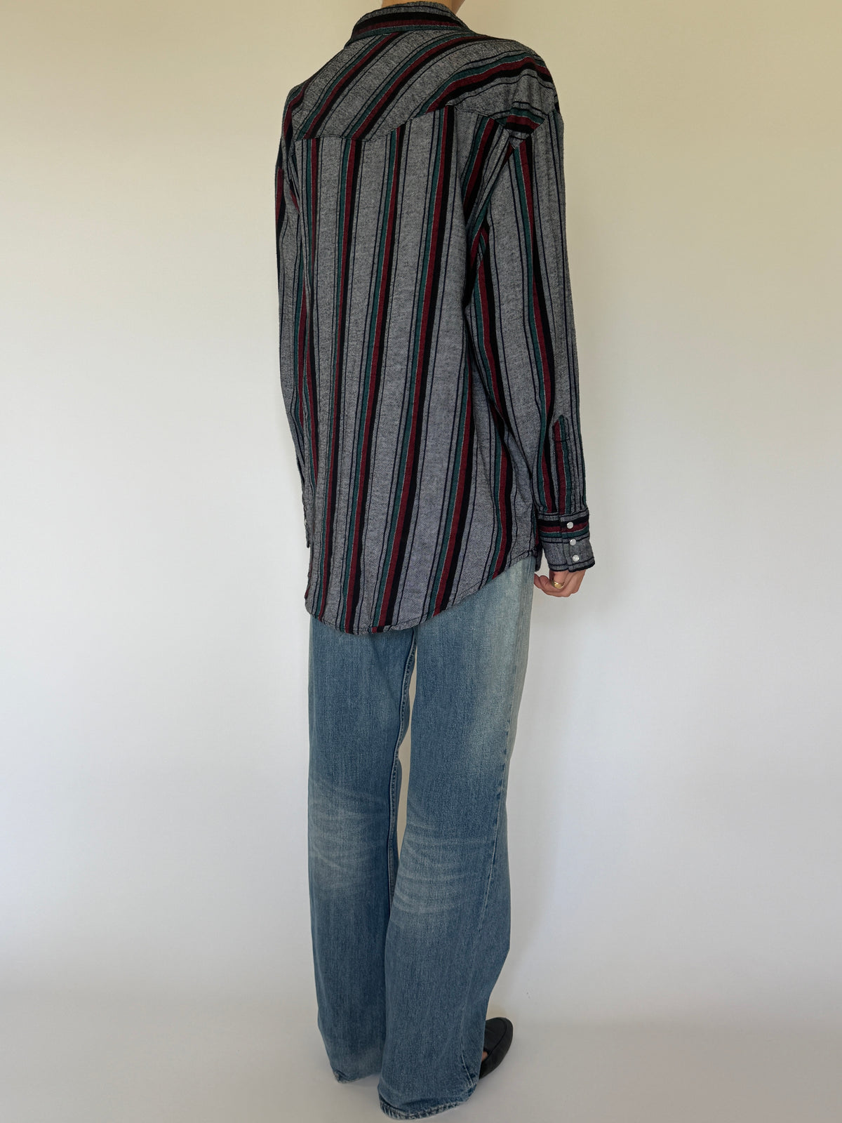 Vintage grey striped Western flannel shirt back view