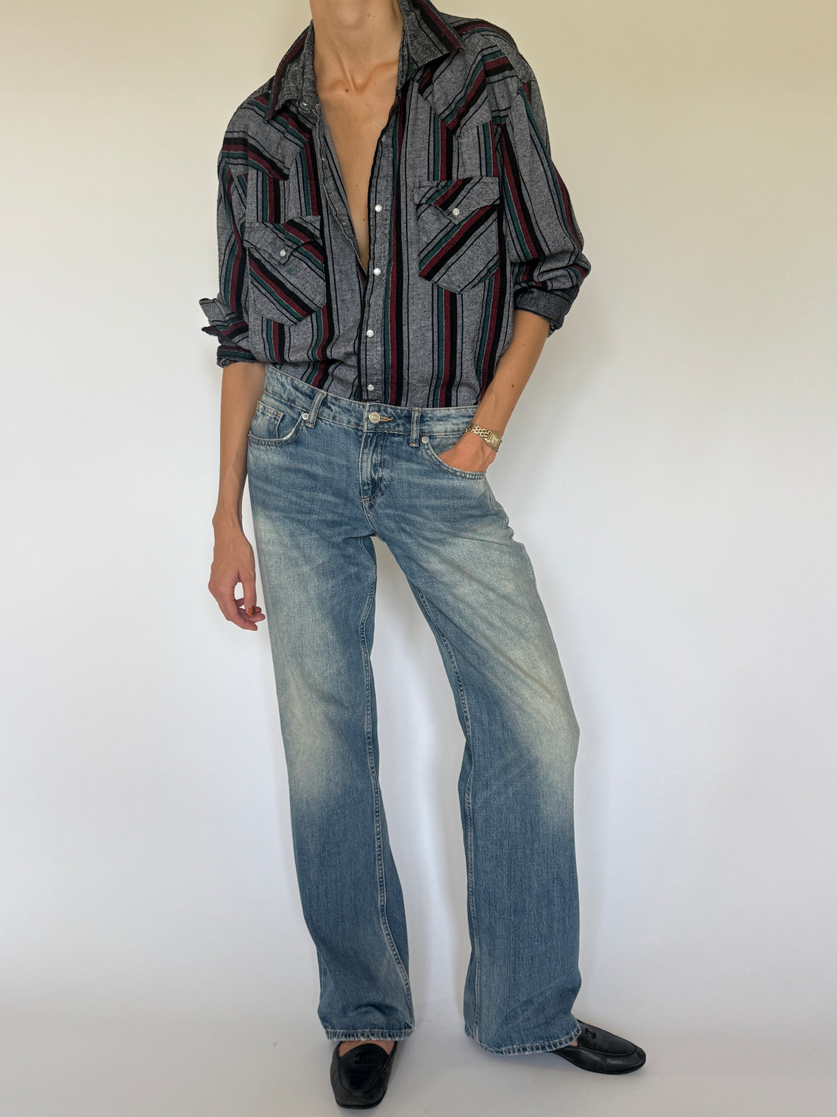 Vintage grey striped Western flannel shirt front view