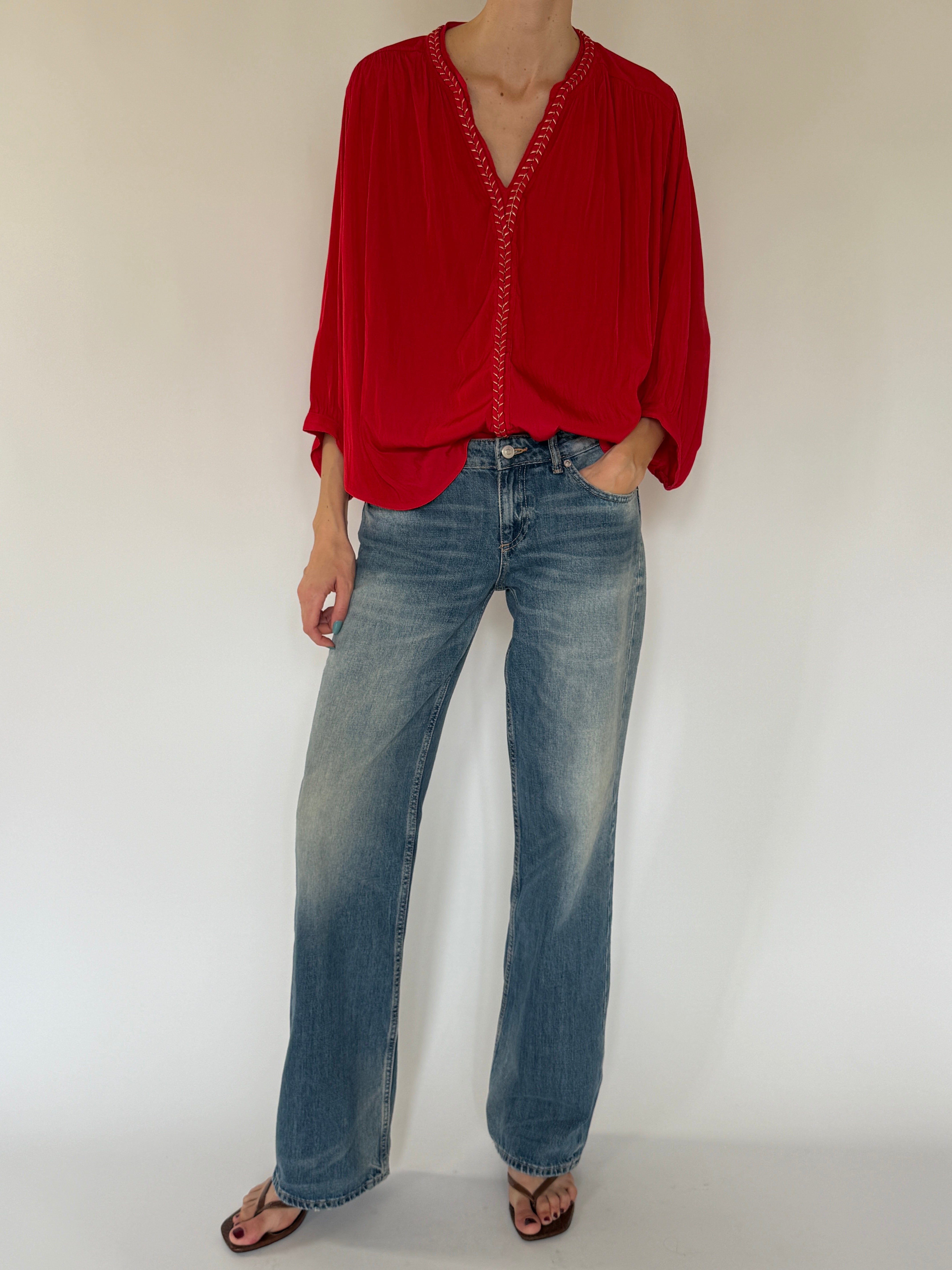 Vintage red braided trim blouse front view