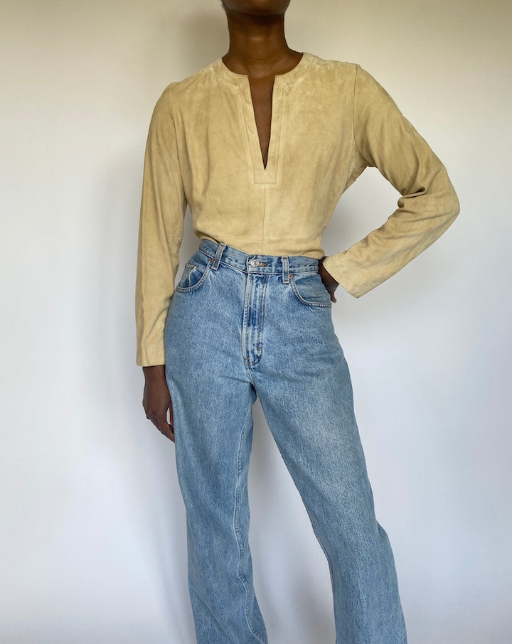 VINTAGE LIGHT BEIGE SUEDE LEATHER LONG SLEEVE TOP 2475