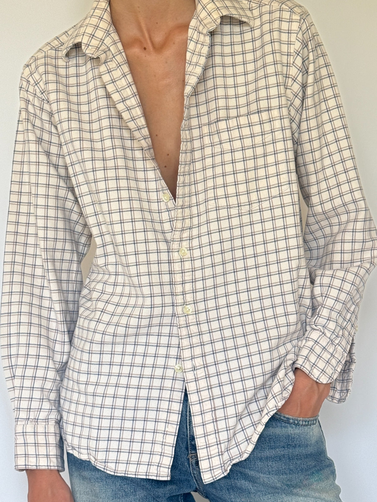 Vintage checked button-up shirt cream front view