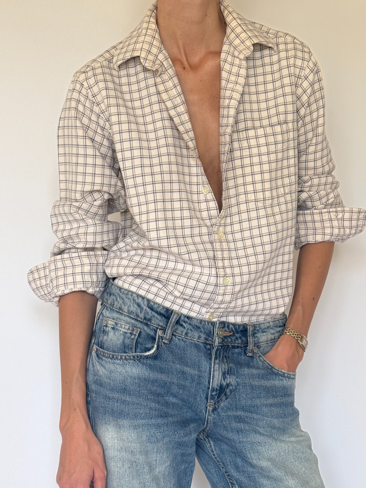 Vintage checked button-up shirt cream styled front view