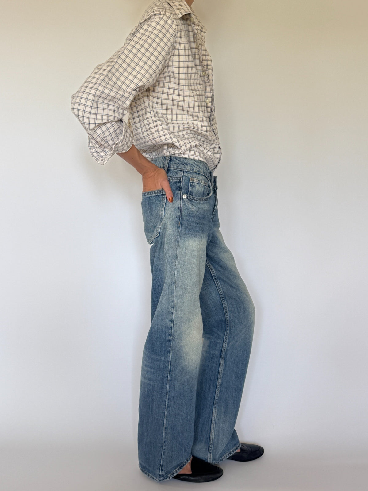 Vintage checked button-up shirt cream side detail