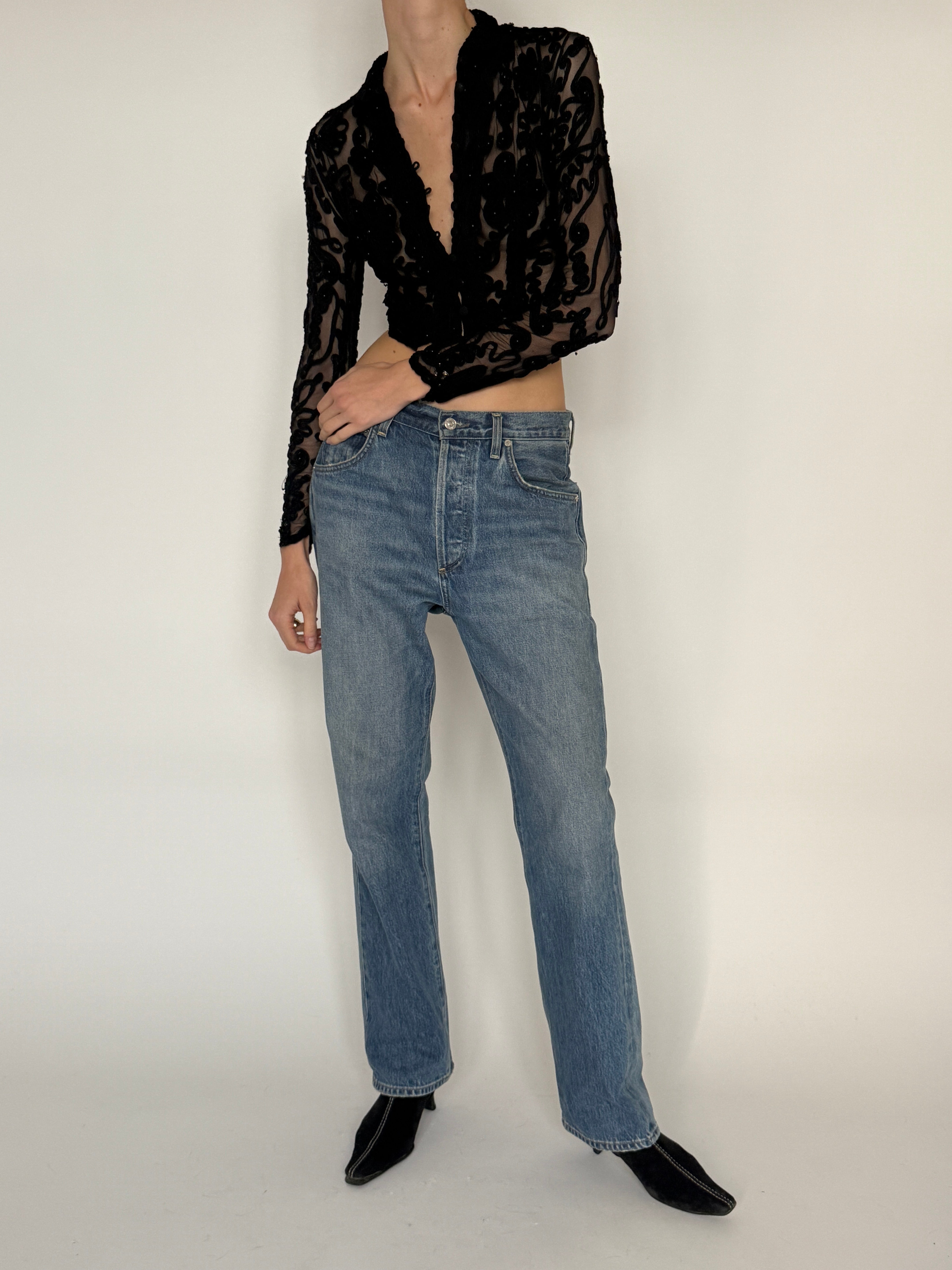 Vintage sheer embroidered statement top black full look