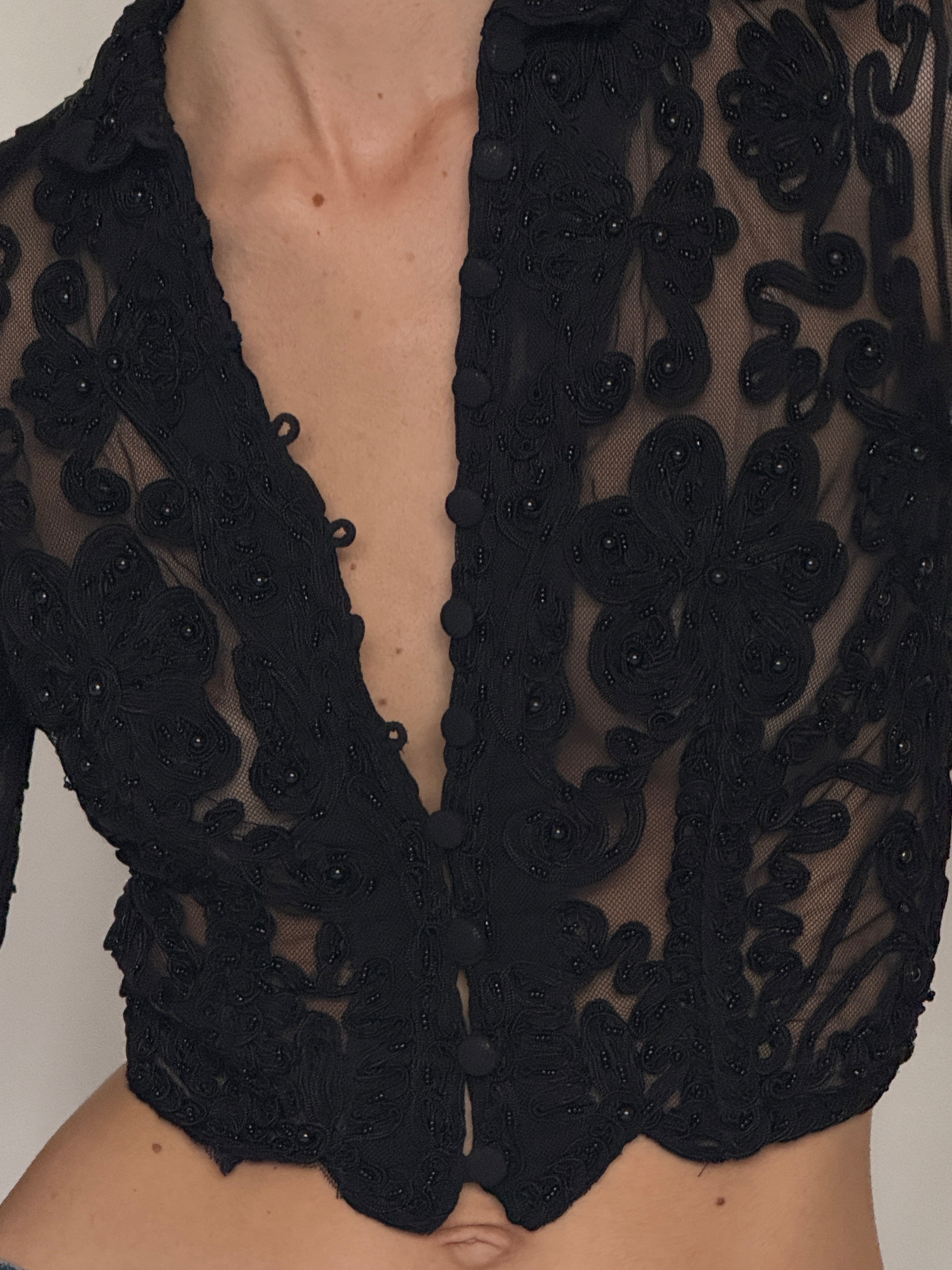 Vintage sheer embroidered button-front top black front view