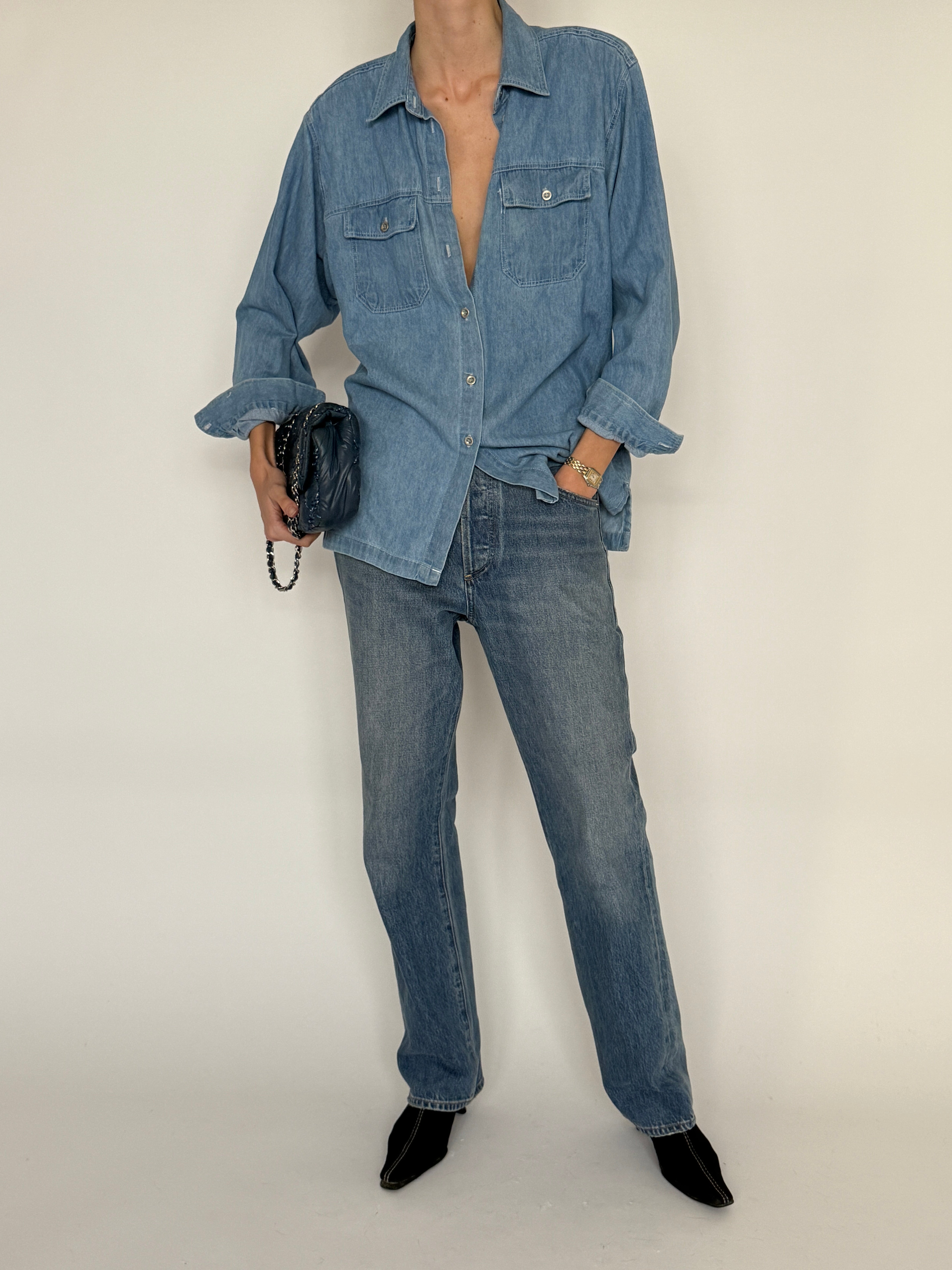 Vintage light blue classic denim shirt chest pocket detail