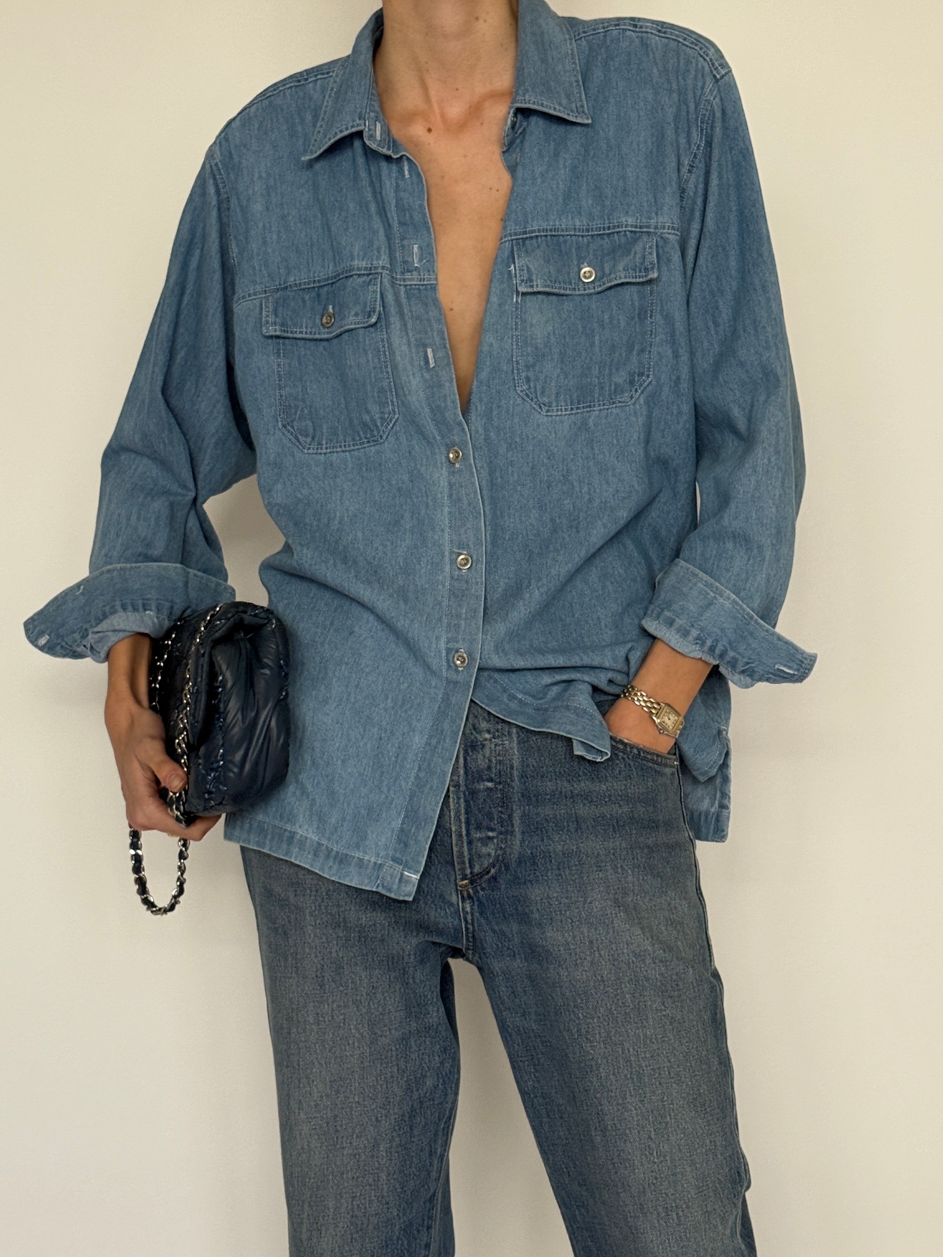 Vintage light blue classic denim shirt front view