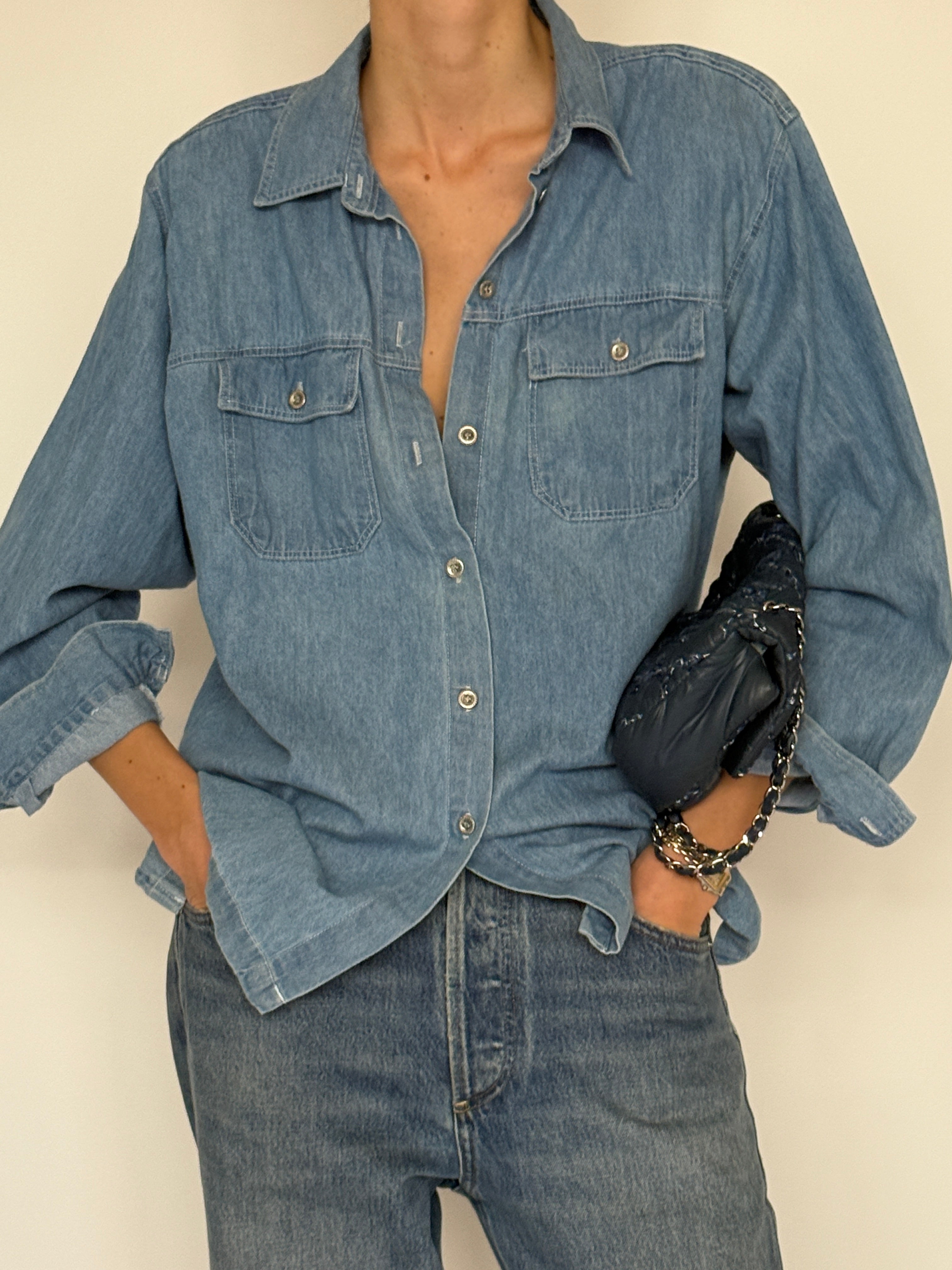Vintage light blue classic denim shirt front view