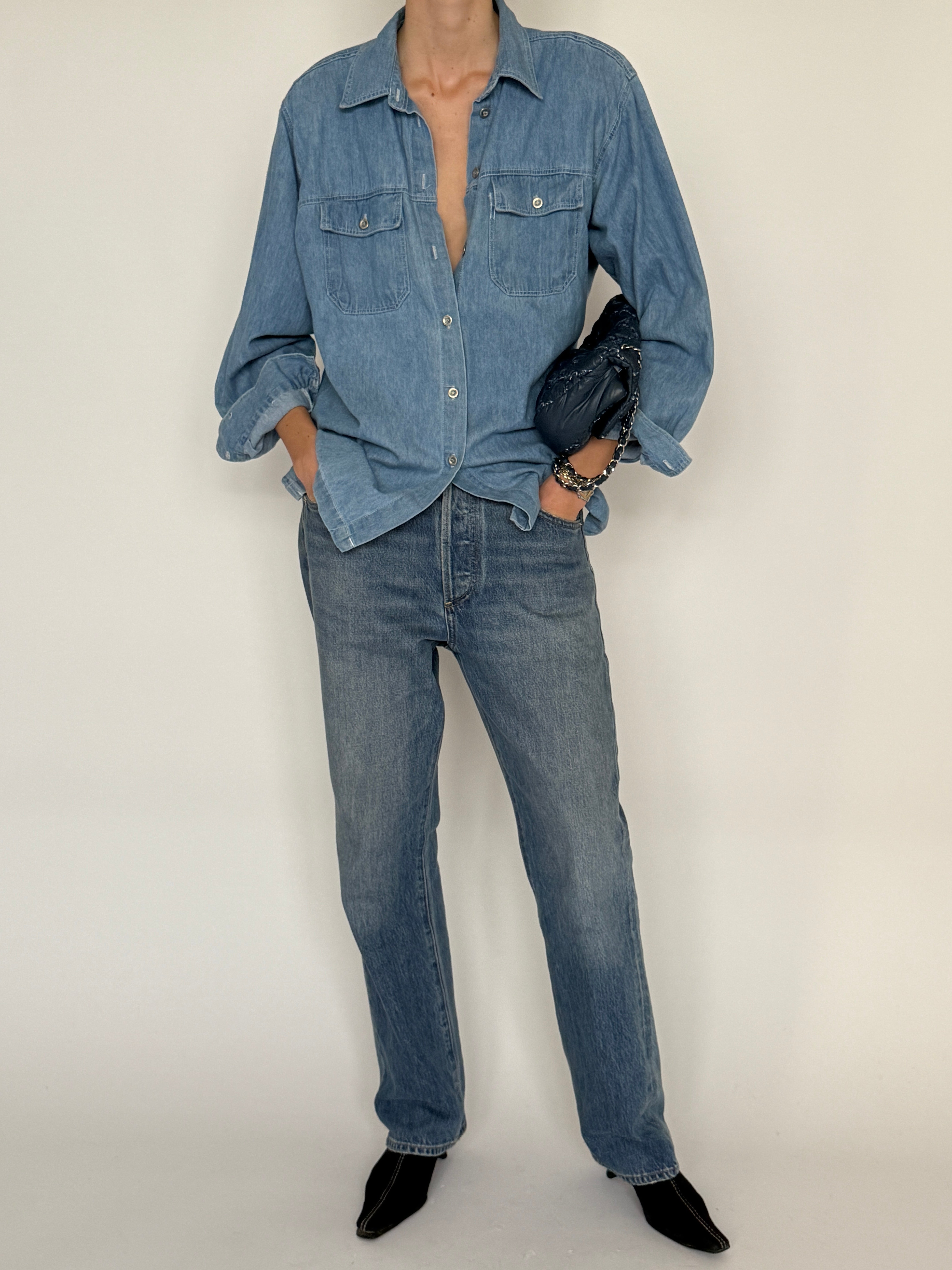 Vintage light blue classic denim shirt front view