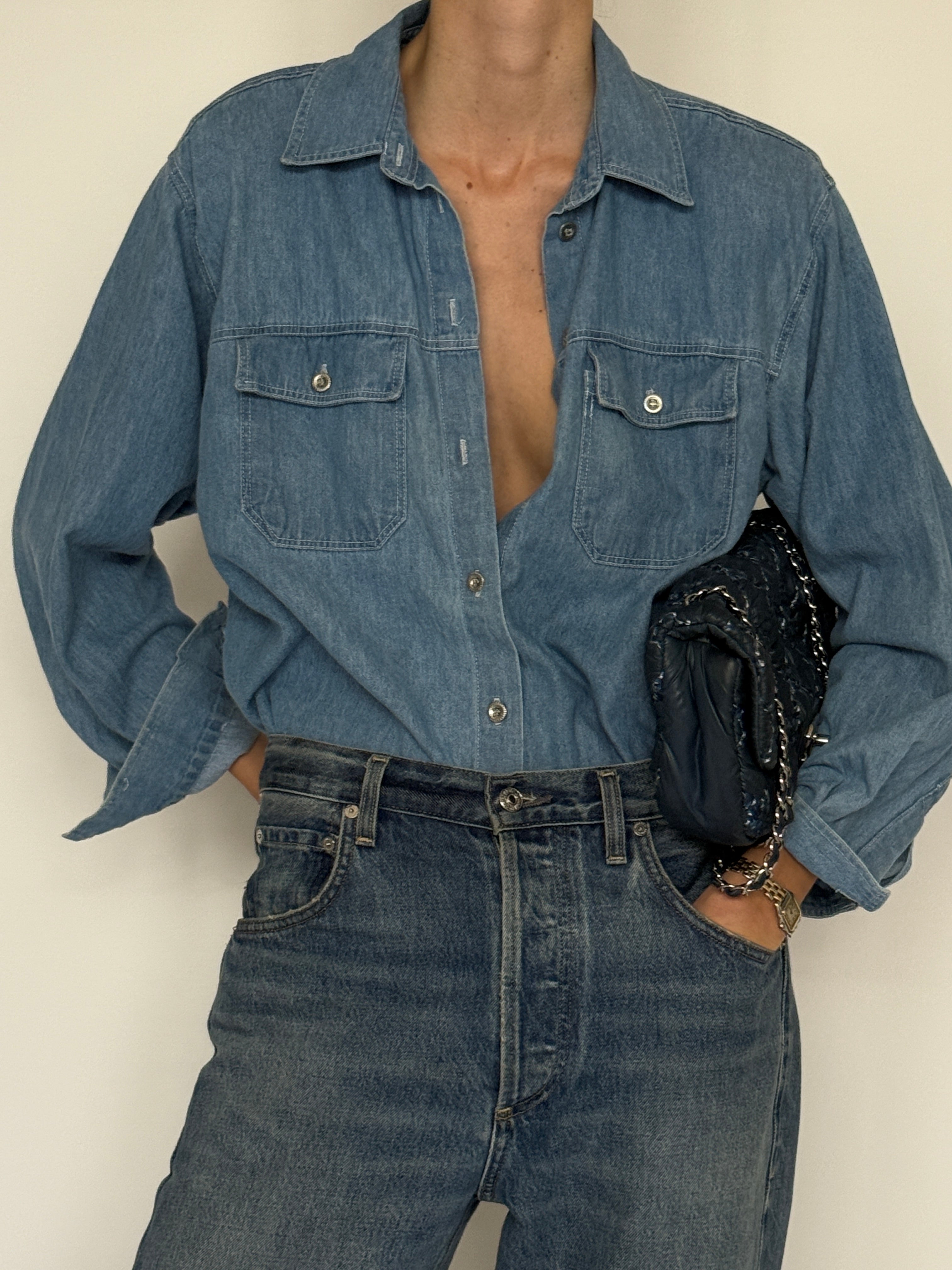 Vintage light blue classic denim shirt button front detail