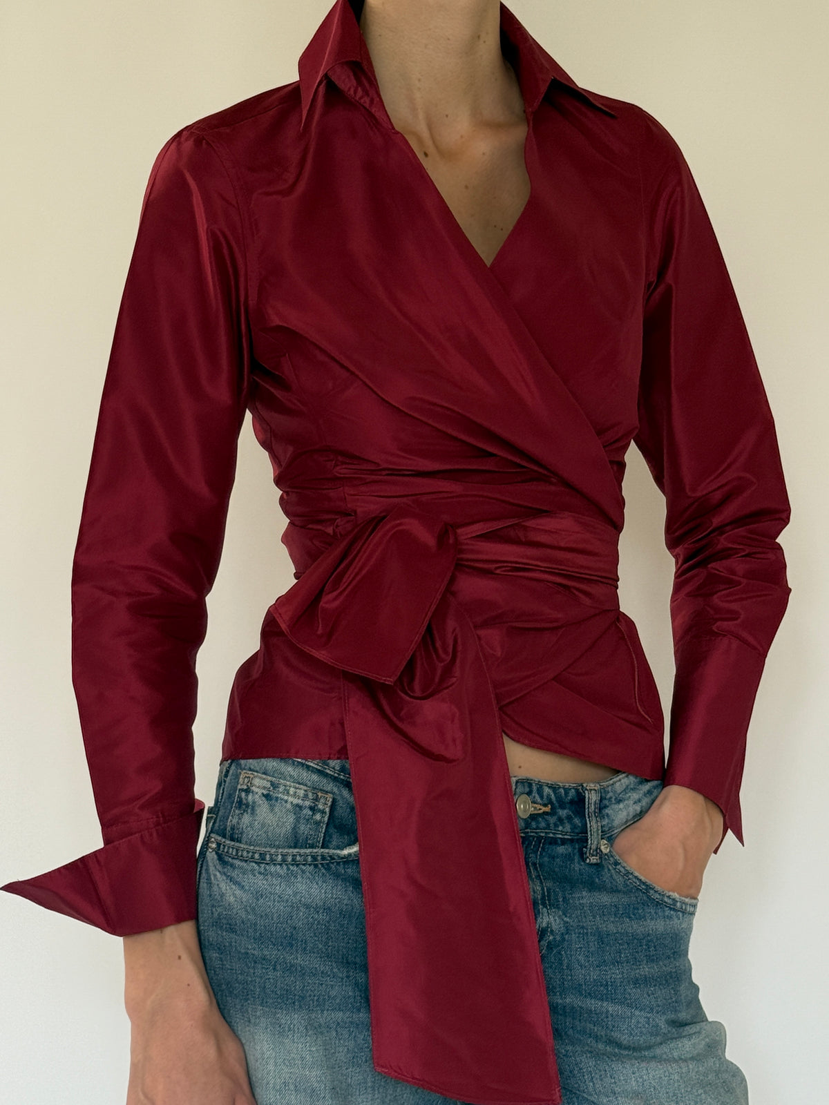 Vintage burgundy wrap blouse waist tie detail