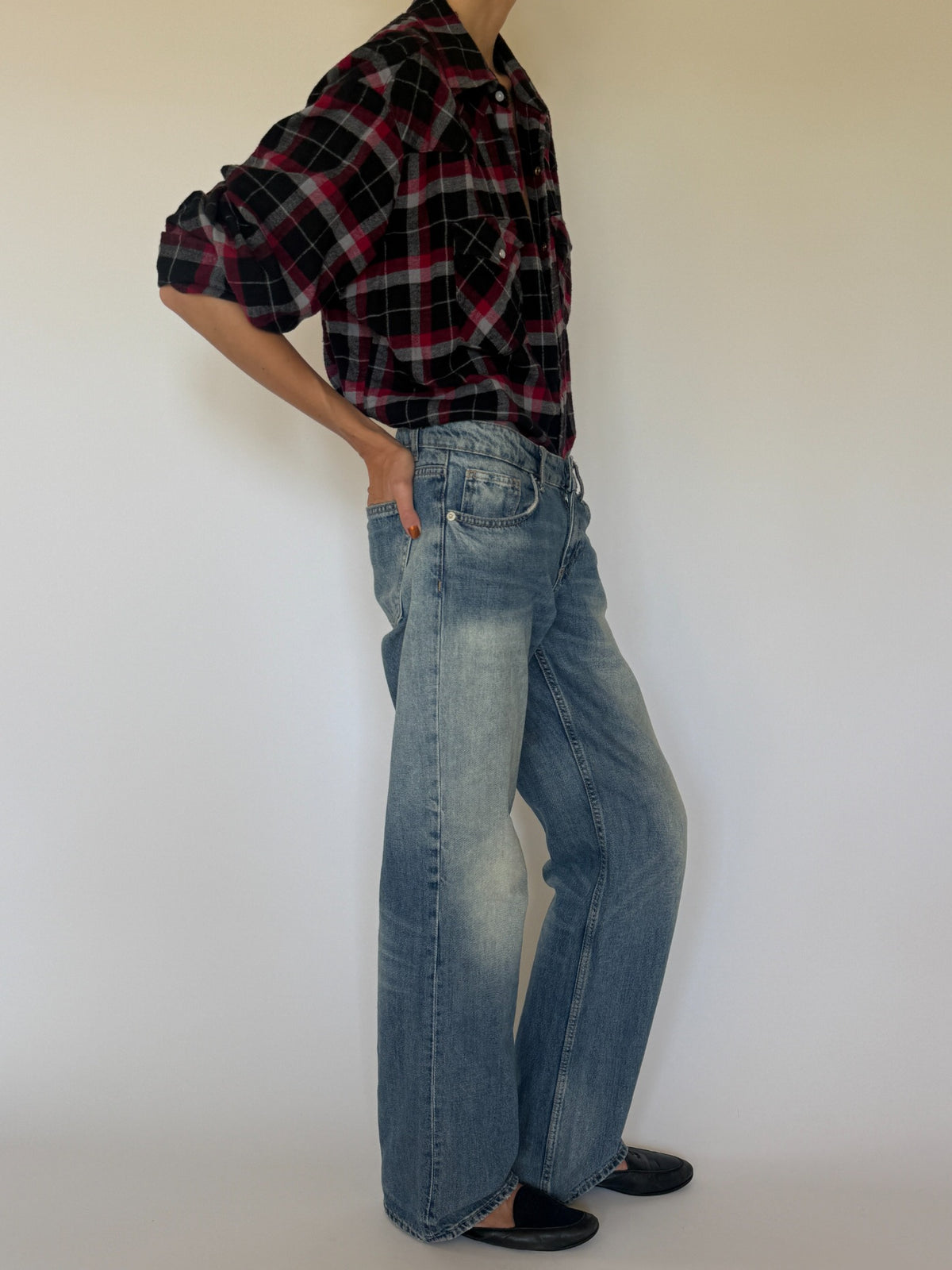 Vintage western plaid shirt black red and grey side view
