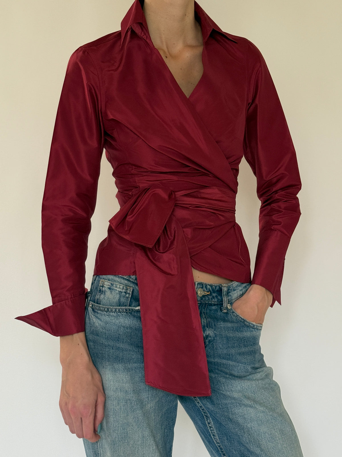 Vintage burgundy satin feel blouse side detail